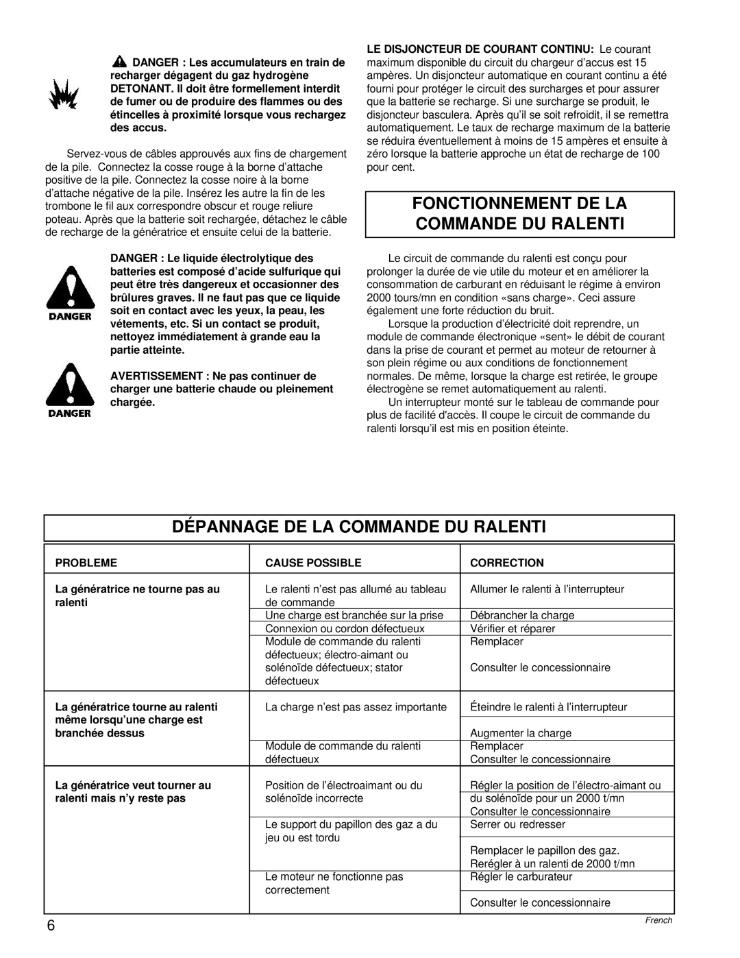 Powermate PC0496504.18 manual Fonctionnement DE LA Commande DU Ralenti, Dépannage DE LA Commande DU Ralenti, Probleme 