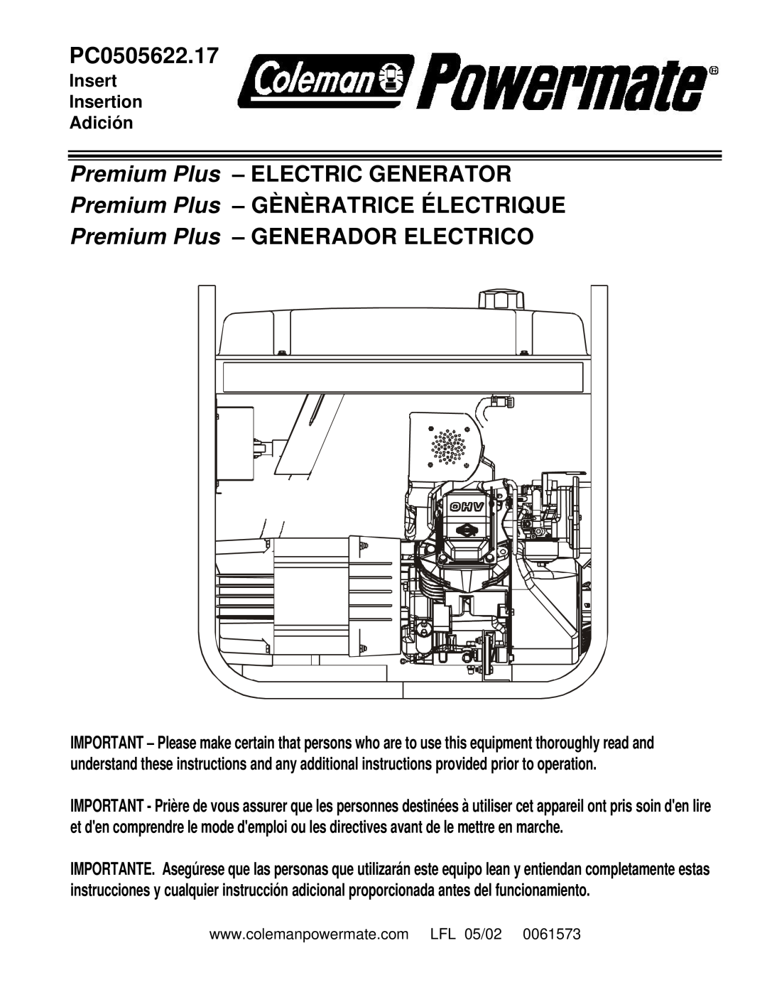 Powermate PC0505622.17 manual Premium Plus - ELECTRIC GENERATOR, Premium Plus - GÈNÈRATRICE ÉLECTRIQUE 