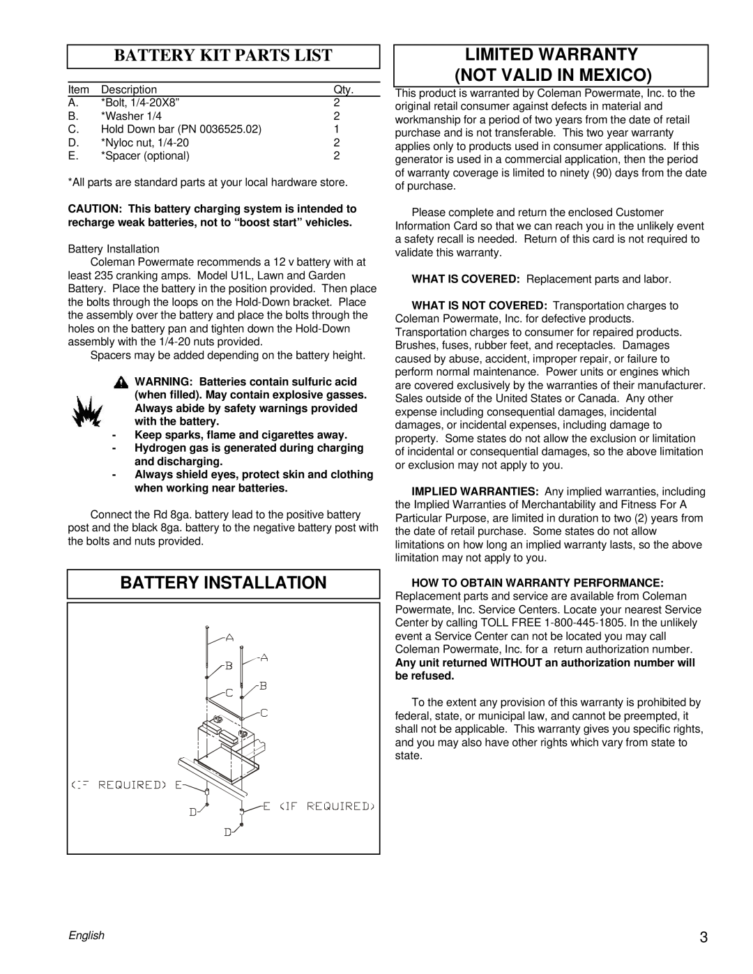 Powermate PC0505622.17 manual Battery Installation, Battery Kit Parts List, Limited Warranty Not Valid In Mexico, English 