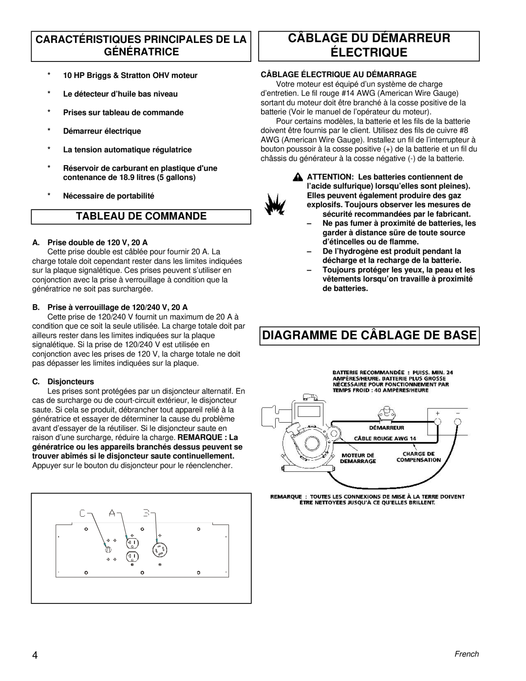 Powermate PC0505622.17 manual Câblage Du Démarreur Électrique, Diagramme De Câblage De Base, Tableau De Commande 