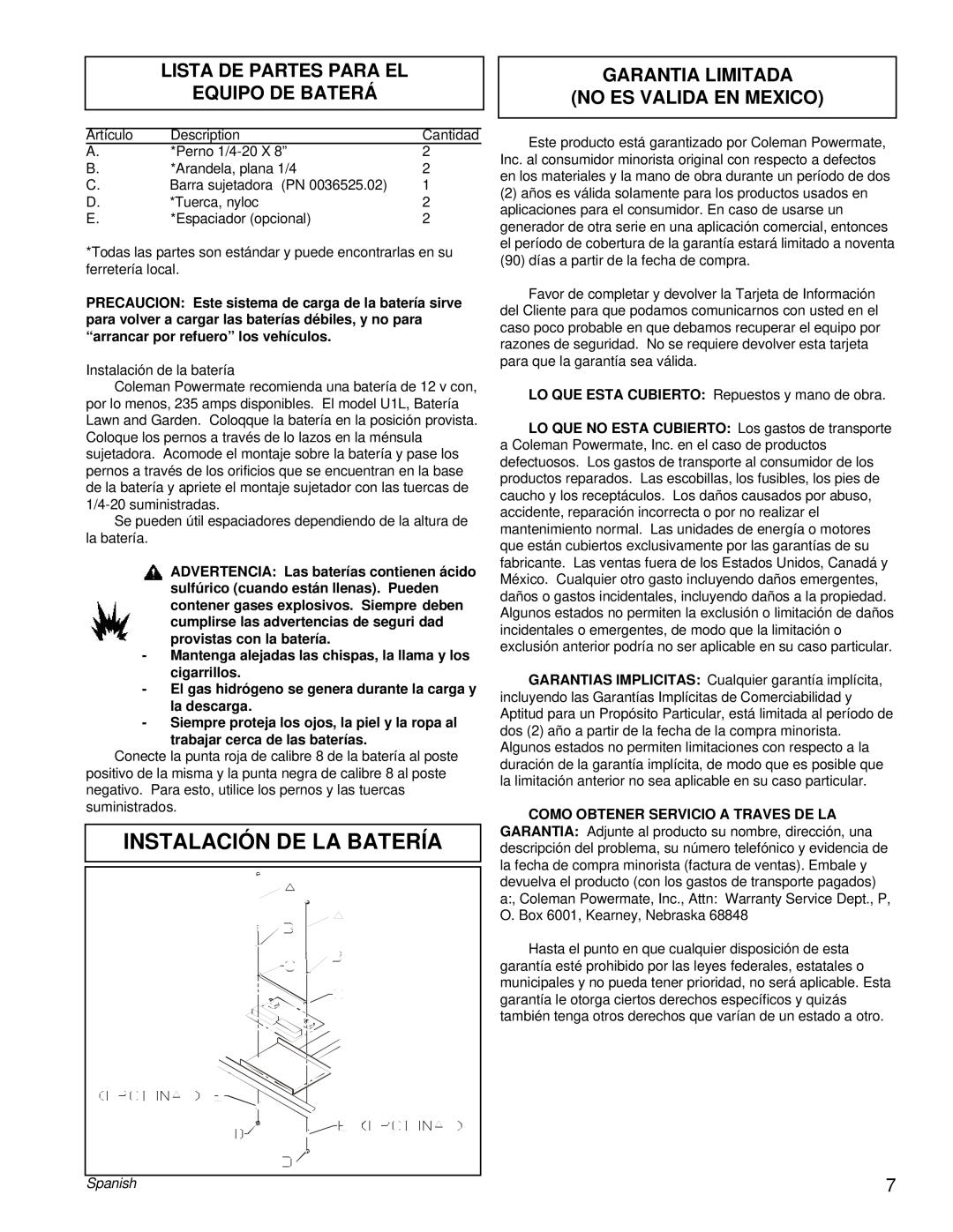 Powermate PC0505622.17 manual Instalación De La Batería, Lista De Partes Para El Equipo De Baterá, Spanish 
