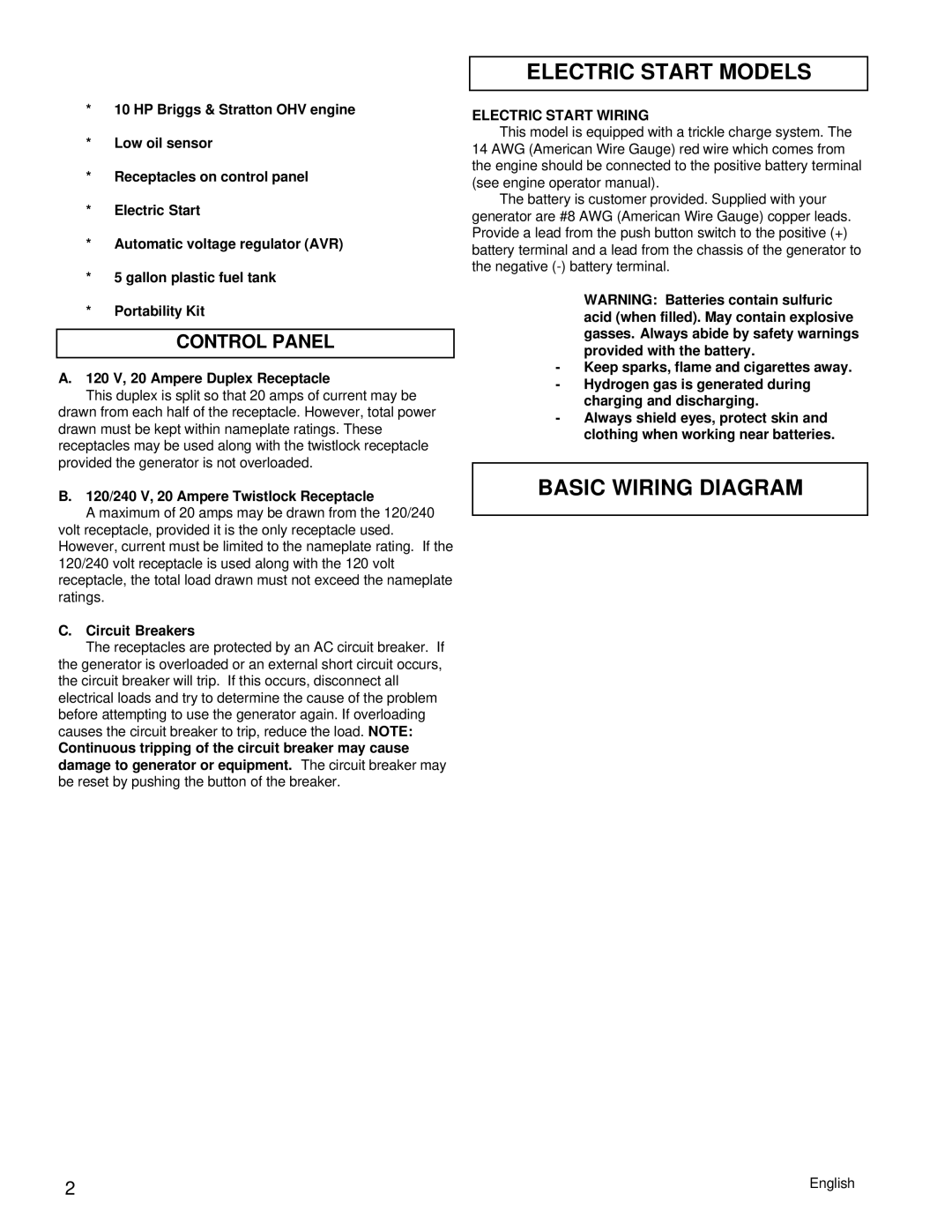 Powermate PC0505622.17 manual Electric Start Models, Basic Wiring Diagram, Major Generator Features, Control Panel 