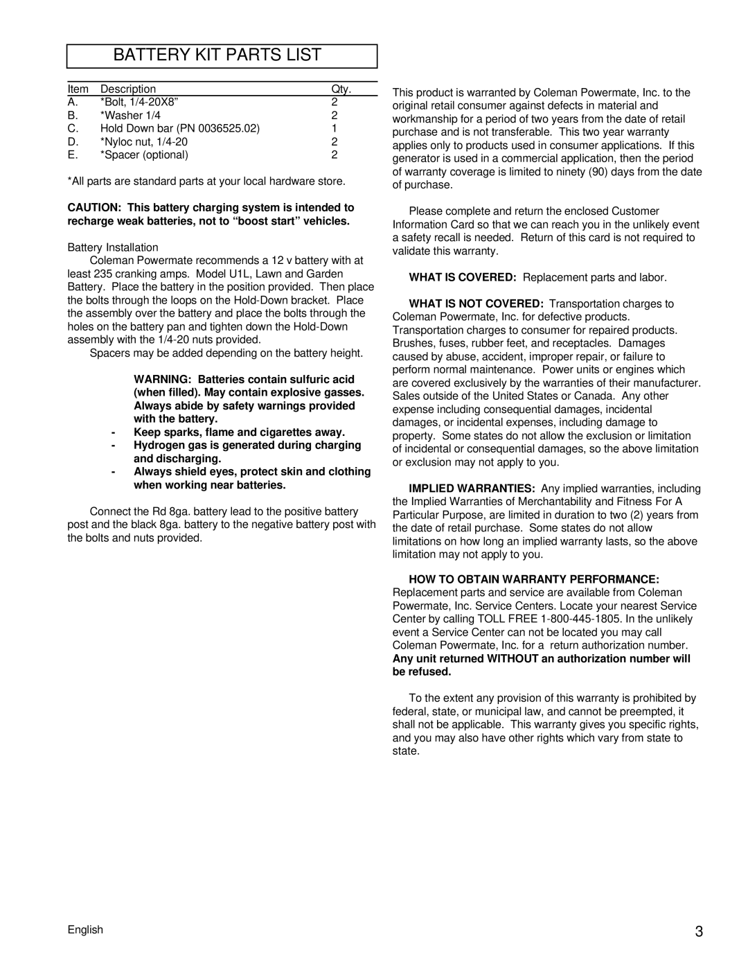 Powermate PC0505622.17 manual Battery Installation, HOW to Obtain Warranty Performance 