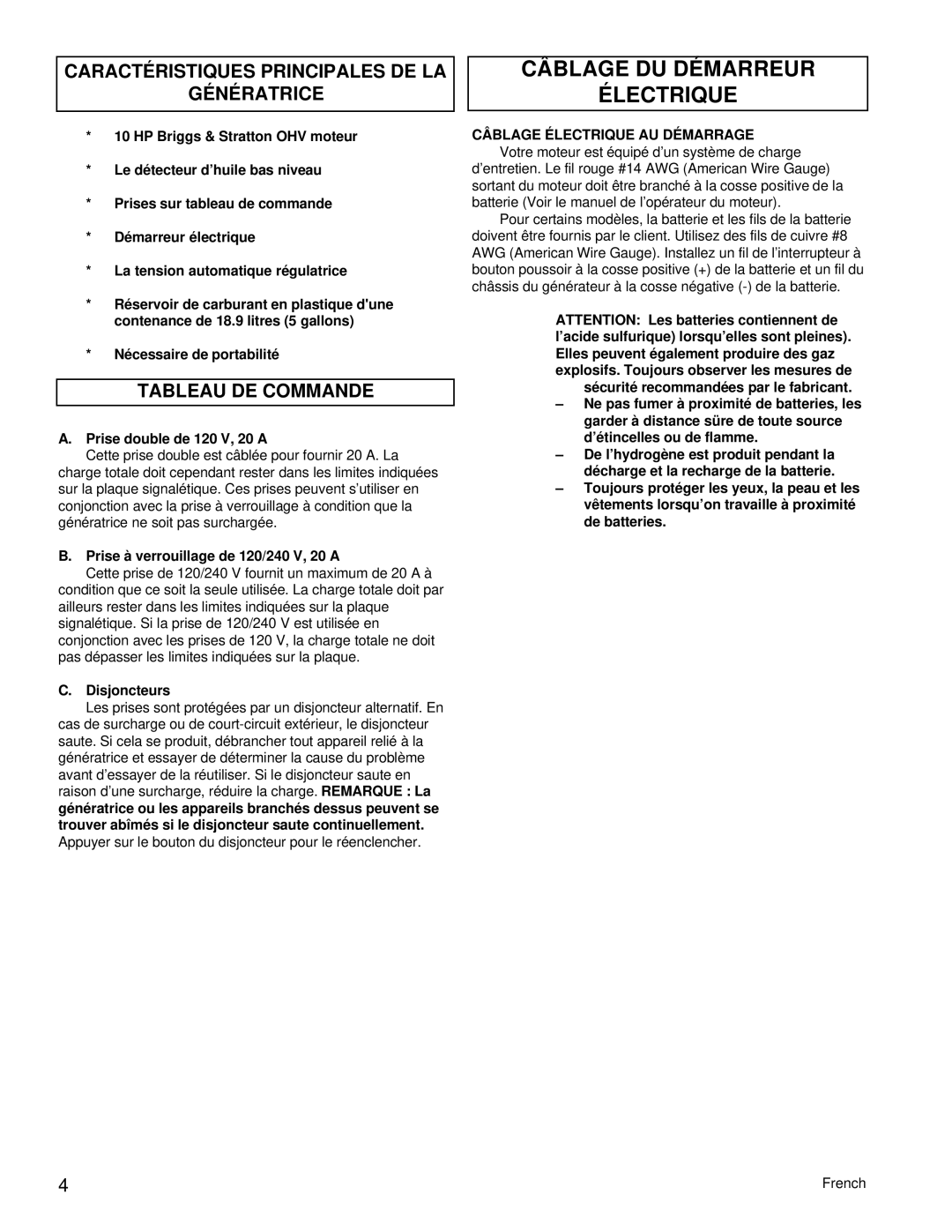 Powermate PC0505622.17 manual Câblage DU Démarreur Électrique, Diagramme DE Câblage DE Base, Tableau DE Commande 