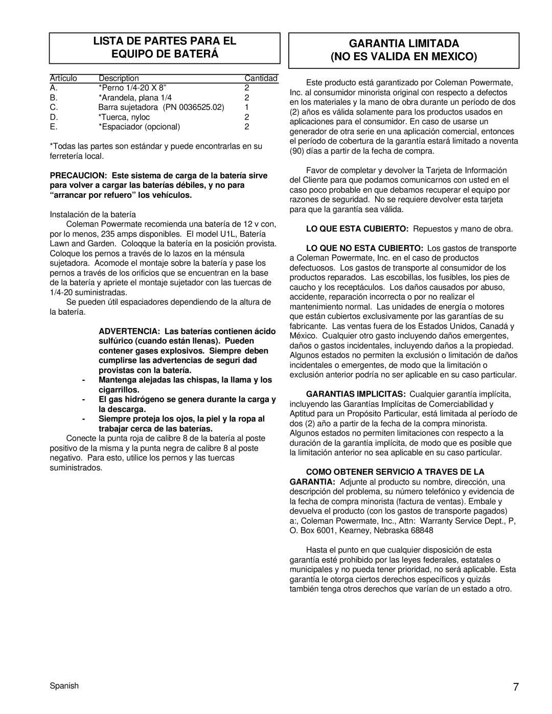 Powermate PC0505622.17 manual Instalación DE LA Batería, Lista DE Partes Para EL Equipo DE Baterá 