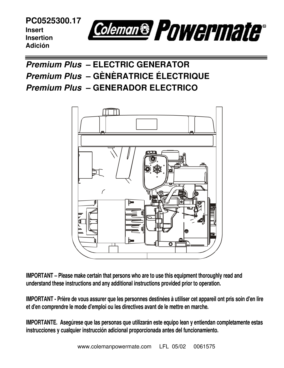 Powermate PC0525300.17 manual Premium Plus - ELECTRIC GENERATOR, Premium Plus - GÈNÈRATRICE ÉLECTRIQUE 