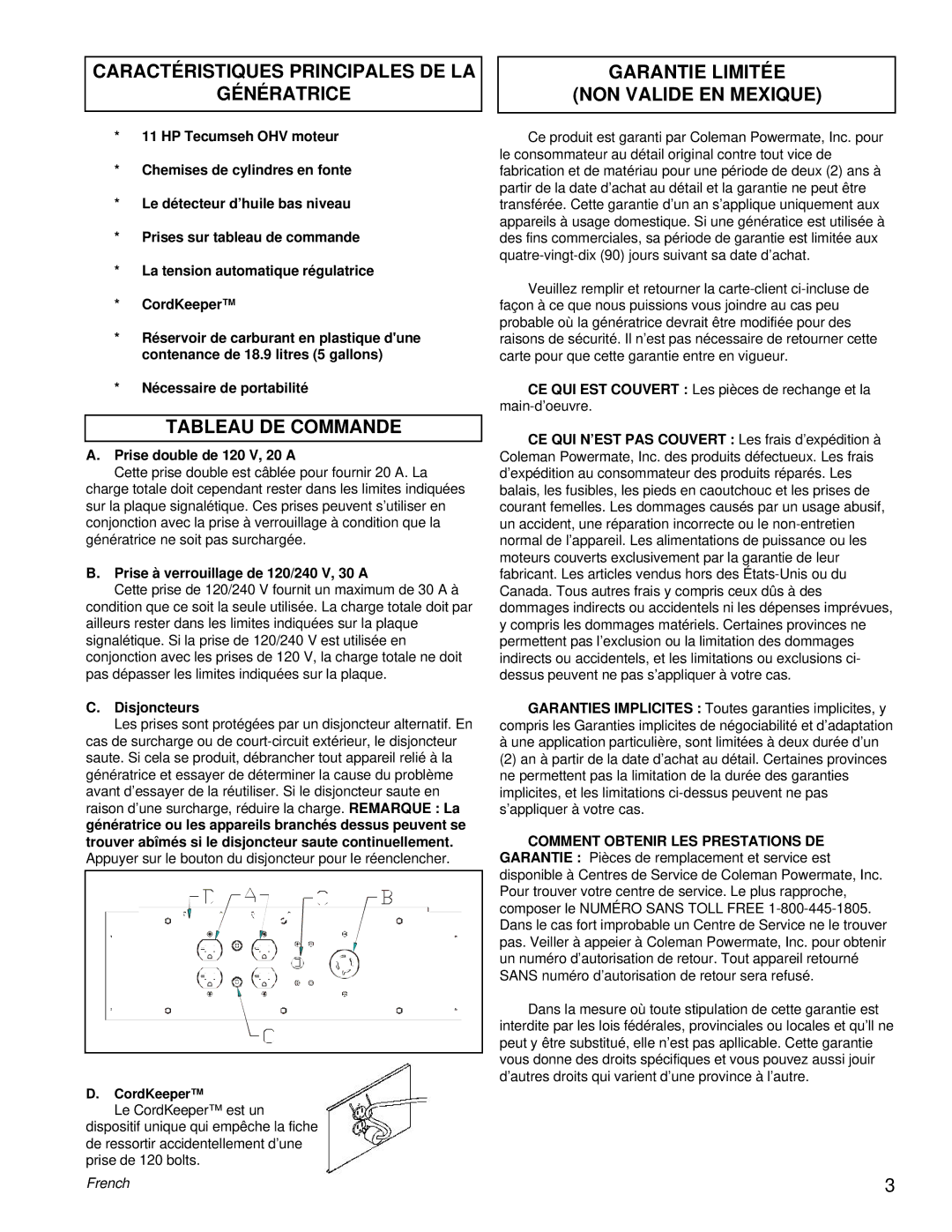 Powermate PC0525300.17 manual Caractéristiques Principales DE LA Génératrice, Tableau DE Commande 