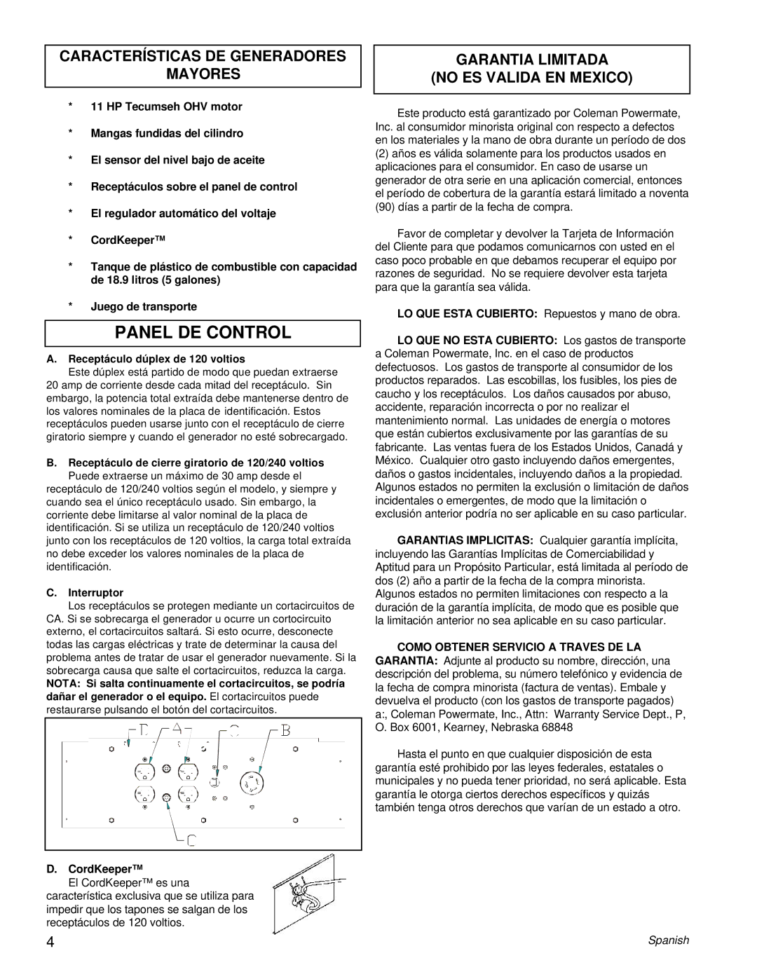 Powermate PC0525300.17 Panel DE Control, Características DE Generadores Mayores, Garantia Limitada No ES Valida EN Mexico 