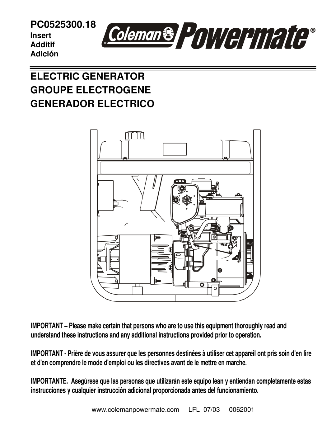 Powermate PC0525300.18 manual Electric Generator Groupe Electrogene, Generador Electrico, Insert Additif Adición 