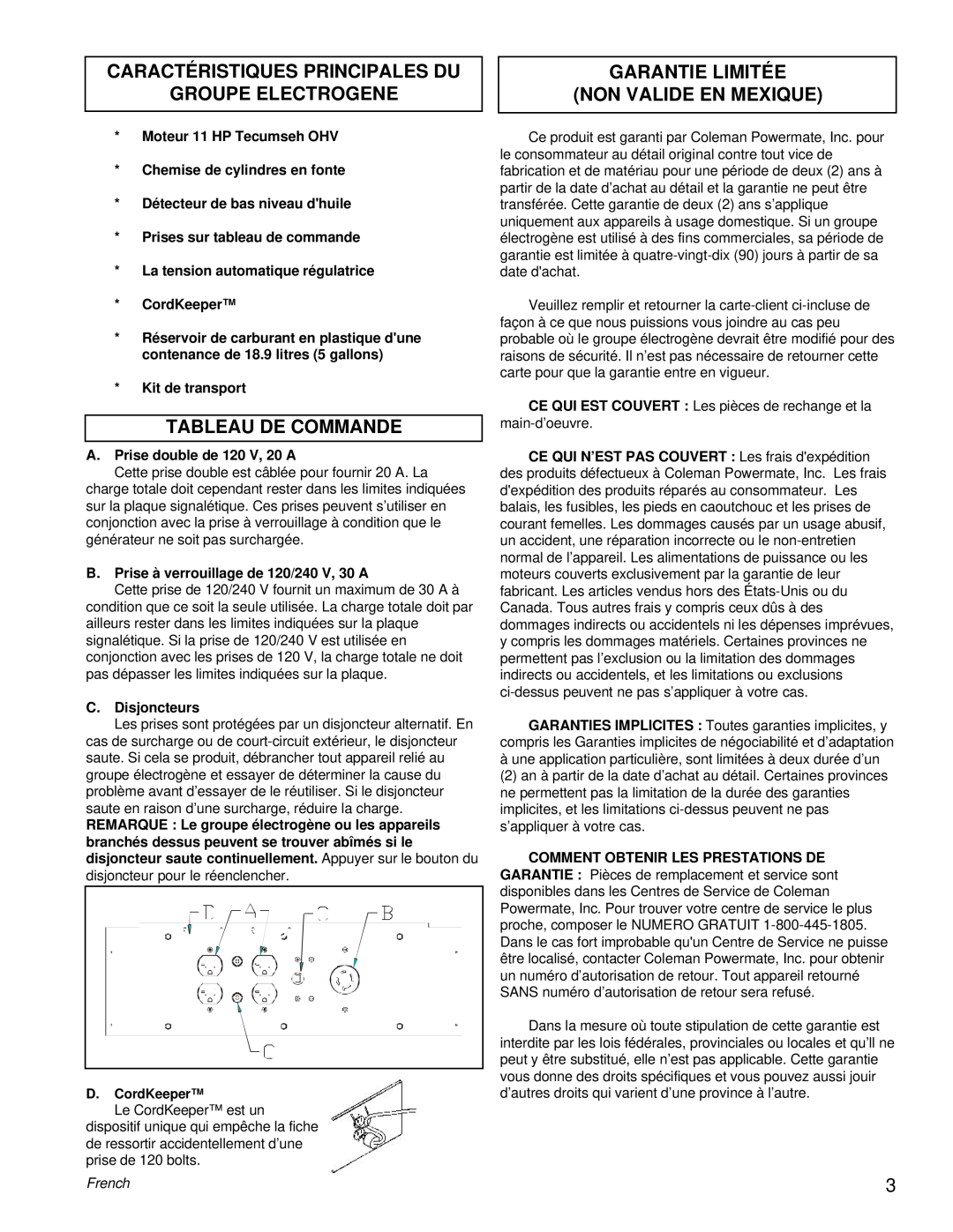 Powermate PC0525300.18 manual Caractéristiques Principales Du, Groupe Electrogene, Tableau De Commande, French 