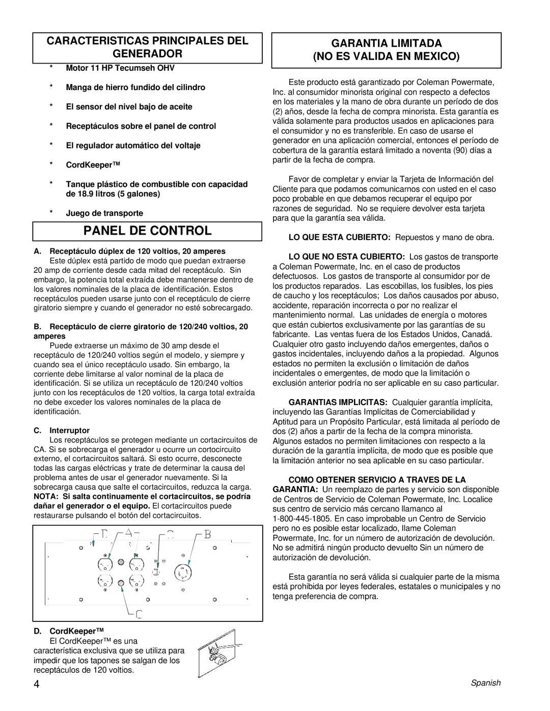 Powermate PC0525300.18 manual Panel DE Control, Caracteristicas Principales DEL Generador, Interruptor 