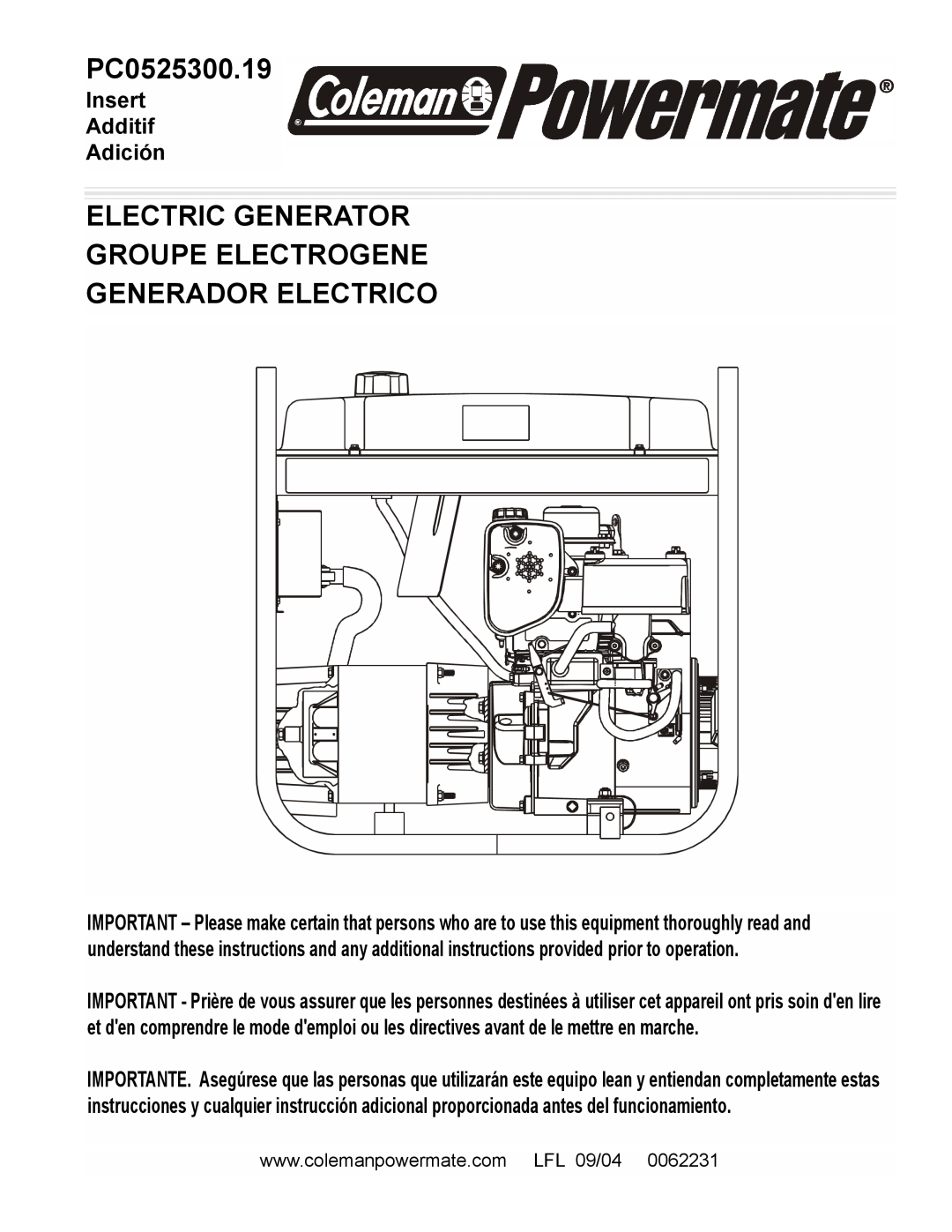 Powermate PC0525300.19 manual Electric Generator Groupe Electrogene, Generador Electrico, Insert Additif Adición 