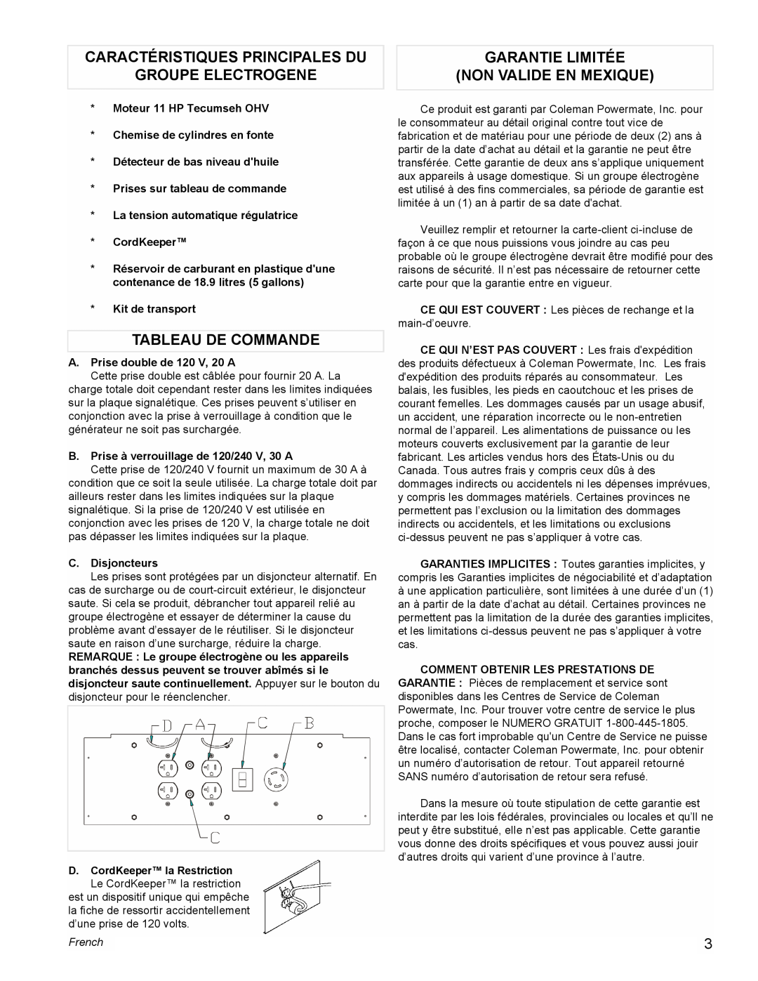 Powermate PC0525300.19 manual Caractéristiques Principales Du, Groupe Electrogene, Tableau De Commande, French 