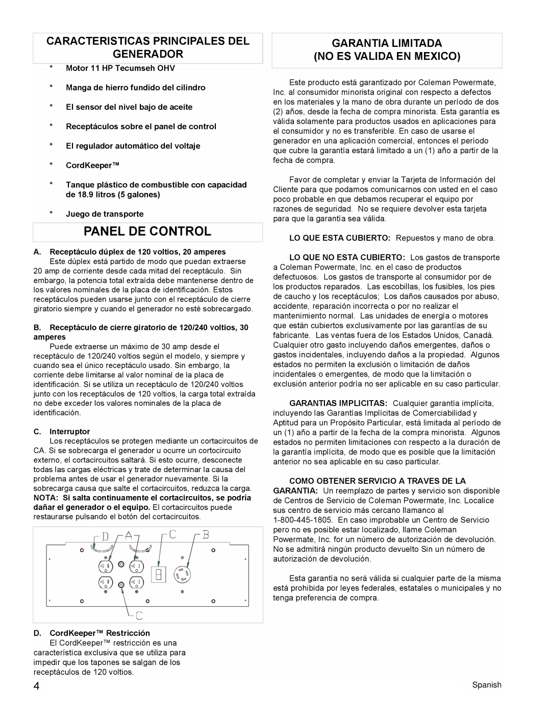 Powermate PC0525300.19 Caracteristicas Principales DEL Generador, Garantia Limitada No ES Valida EN Mexico, Interruptor 