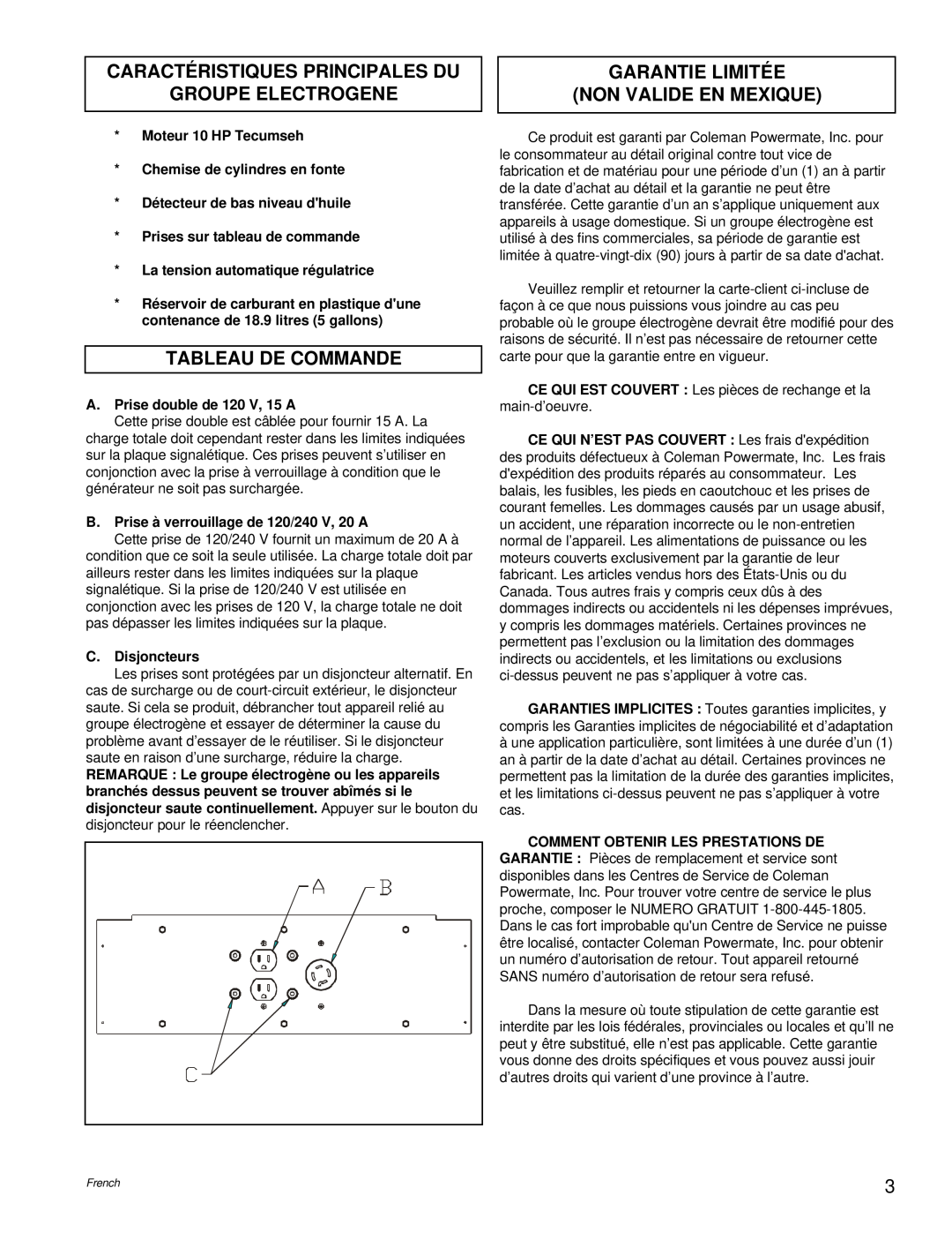 Powermate PC0525302.03 manual Caractéristiques Principales Du, Groupe Electrogene, Tableau De Commande 