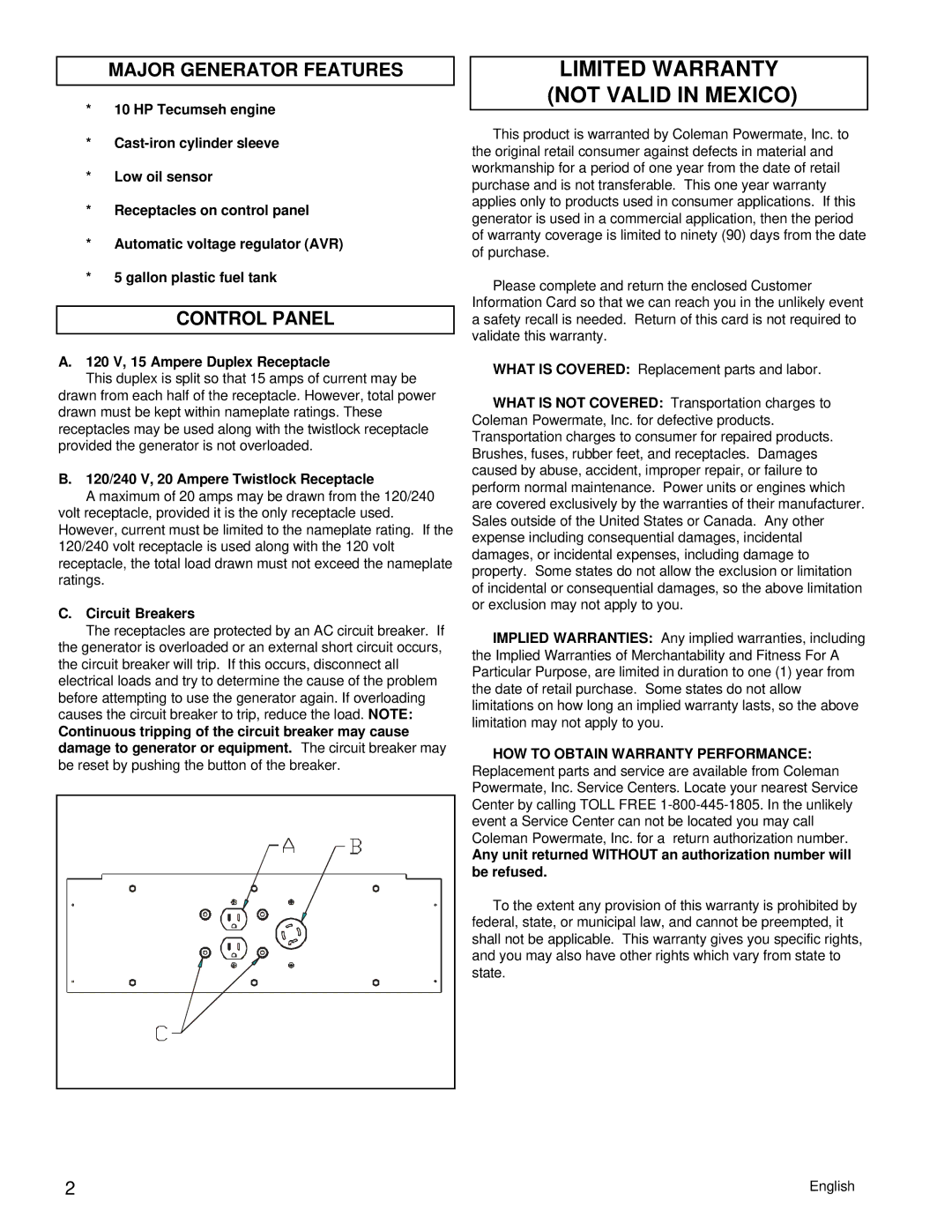 Powermate PC0525302.03 manual Limited Warranty not Valid in Mexico, Major Generator Features, Control Panel 