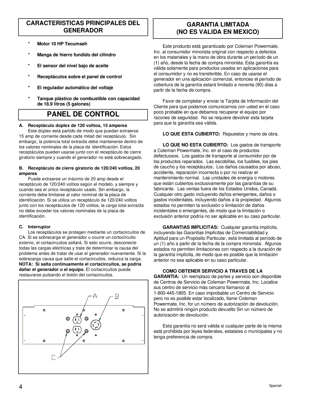 Powermate PC0525302.03 manual Panel DE Control, Caracteristicas Principales DEL Generador, Interruptor 