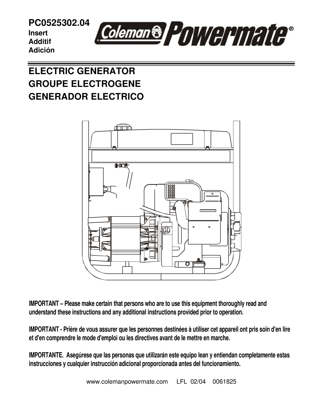 Powermate PC0525302.04 manual Electric Generator Groupe Electrogene Generador Electrico, Insert Additif Adición 