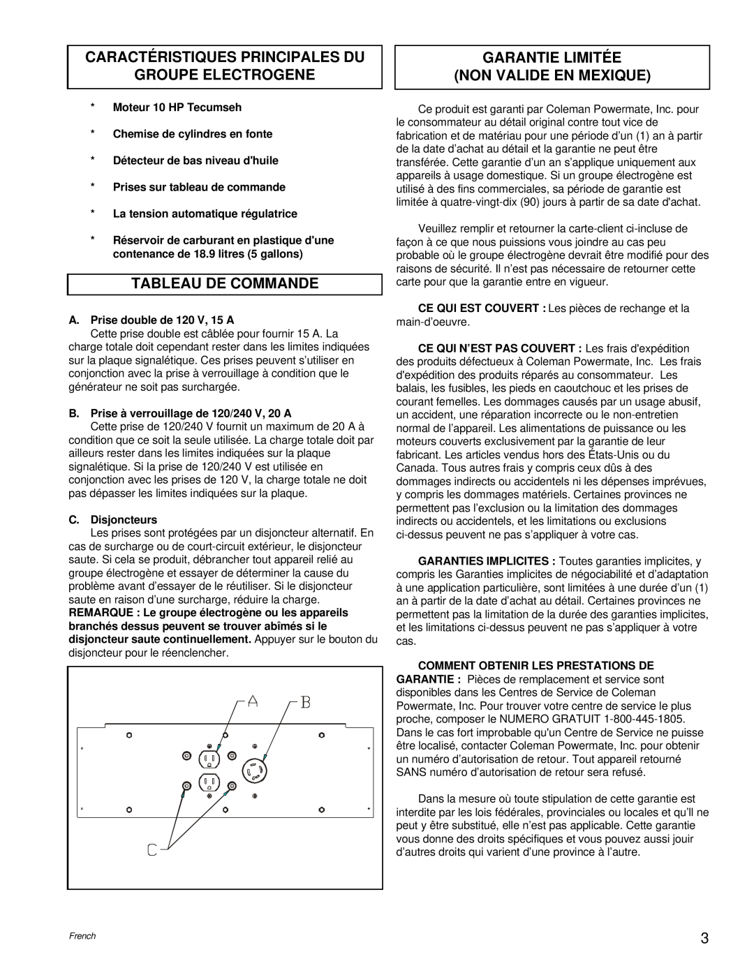 Powermate PC0525302.04 manual Caractéristiques Principales Du Groupe Electrogene, Tableau De Commande, C. Disjoncteurs 