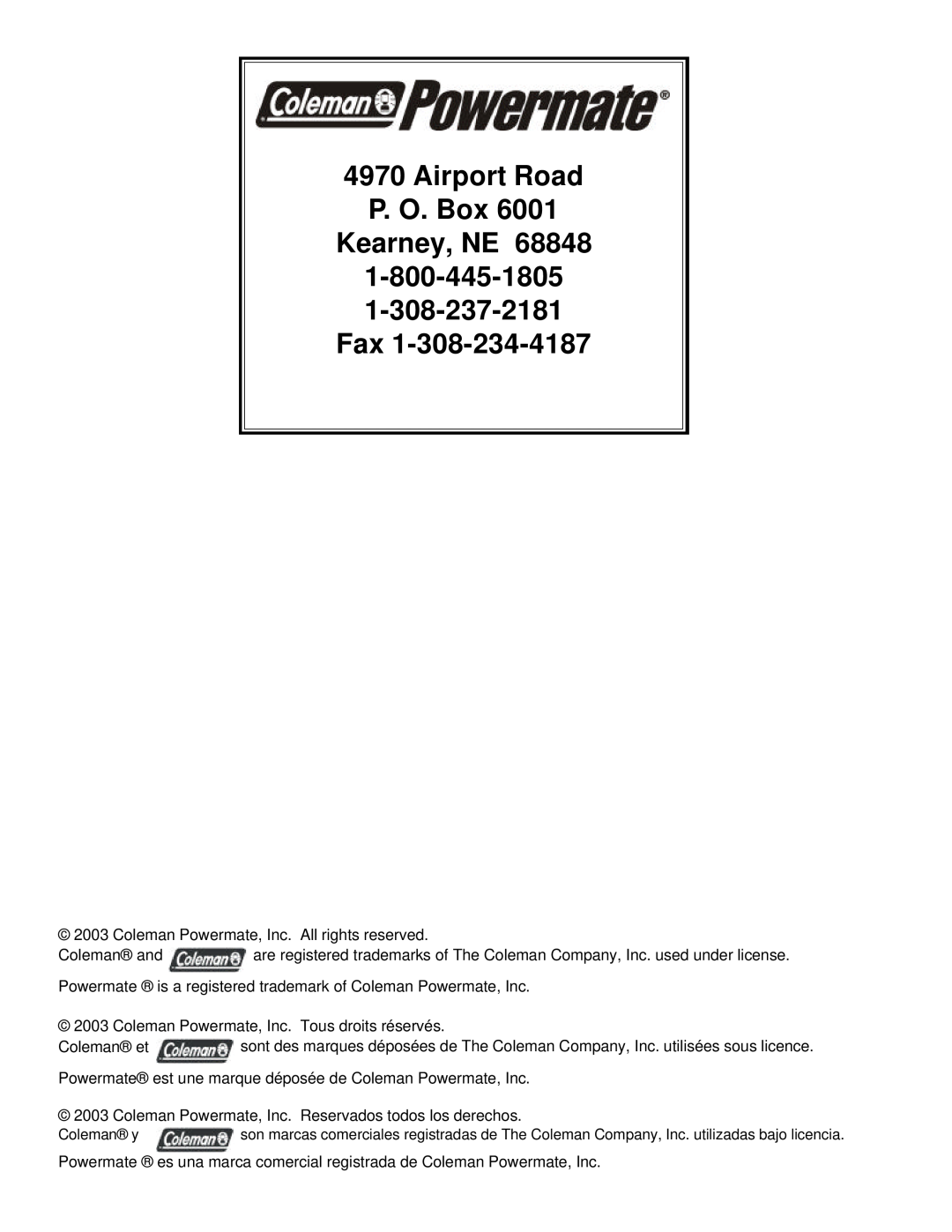Powermate PC0525302.04 manual Airport Road P. O. Box Kearney, NE 