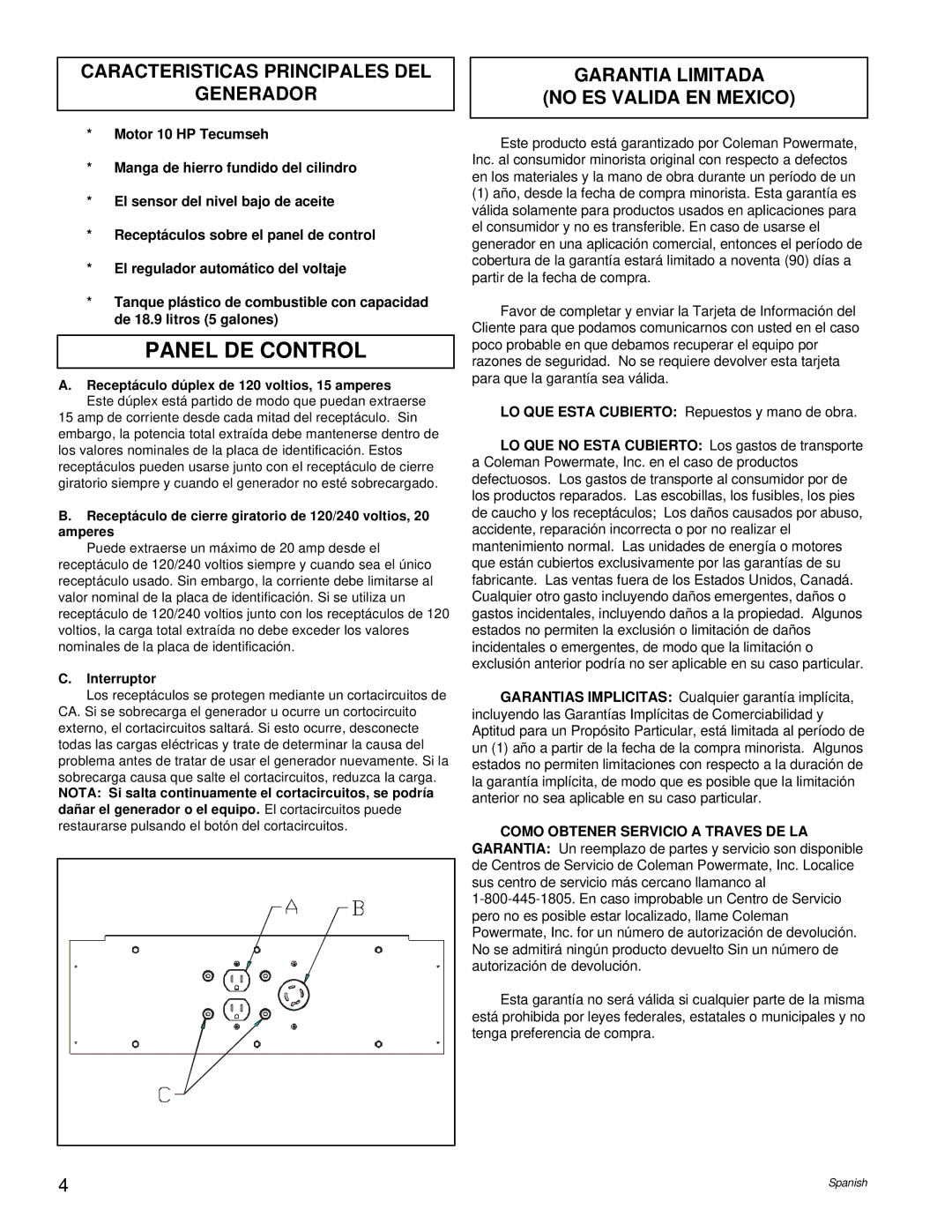 Powermate PC0525302.04 Caracteristicas Principales DEL Generador, Garantia Limitada No ES Valida EN Mexico, Interruptor 