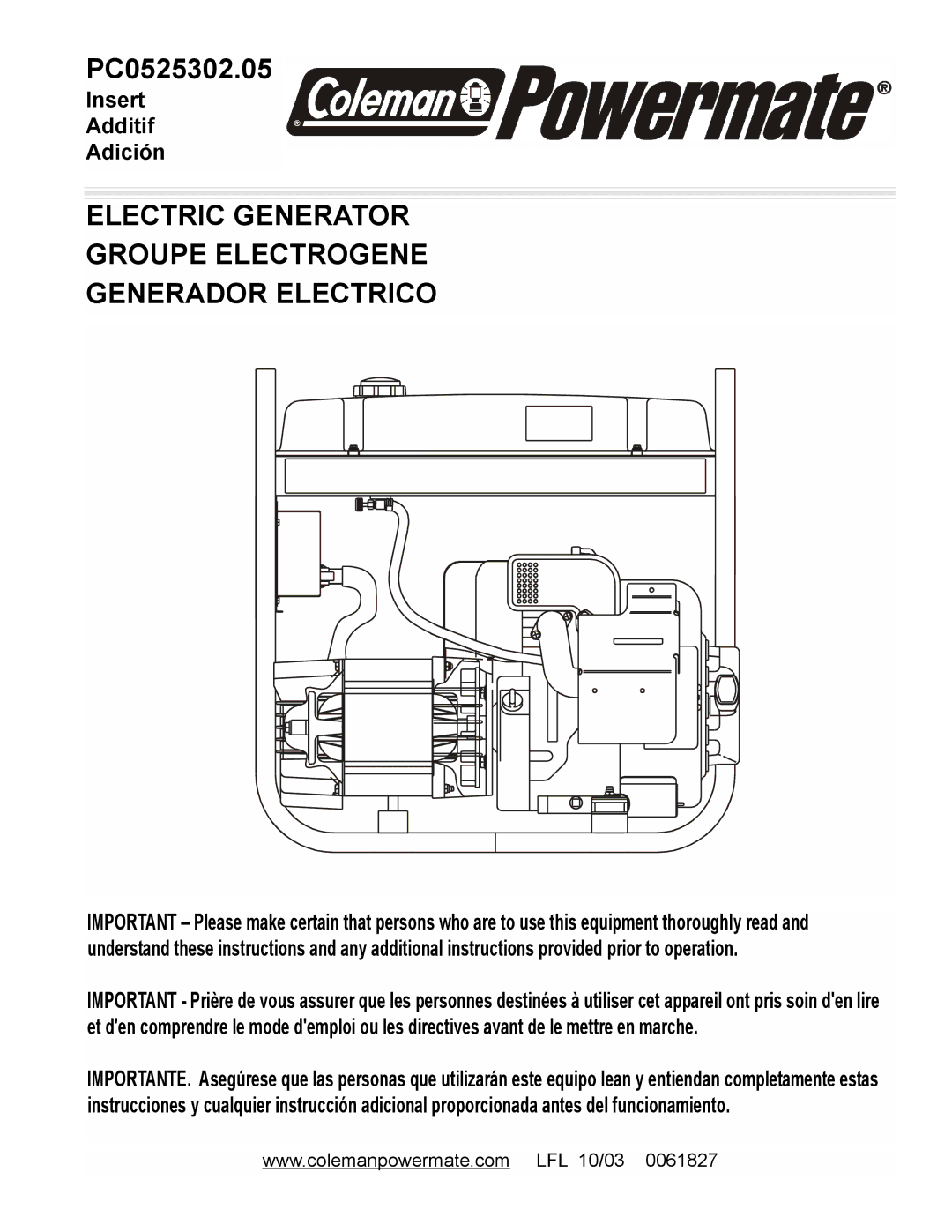 Powermate PC0525302.05 manual Electric Generator Groupe Electrogene Generador Electrico 