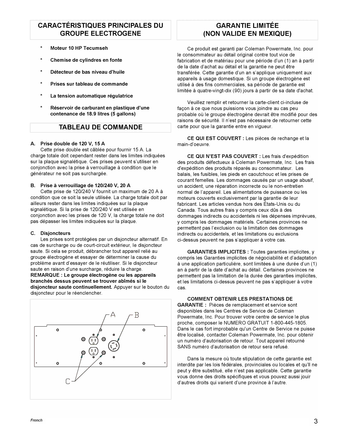 Powermate PC0525302.05 manual Caractéristiques Principales DU Groupe Electrogene, Tableau DE Commande 