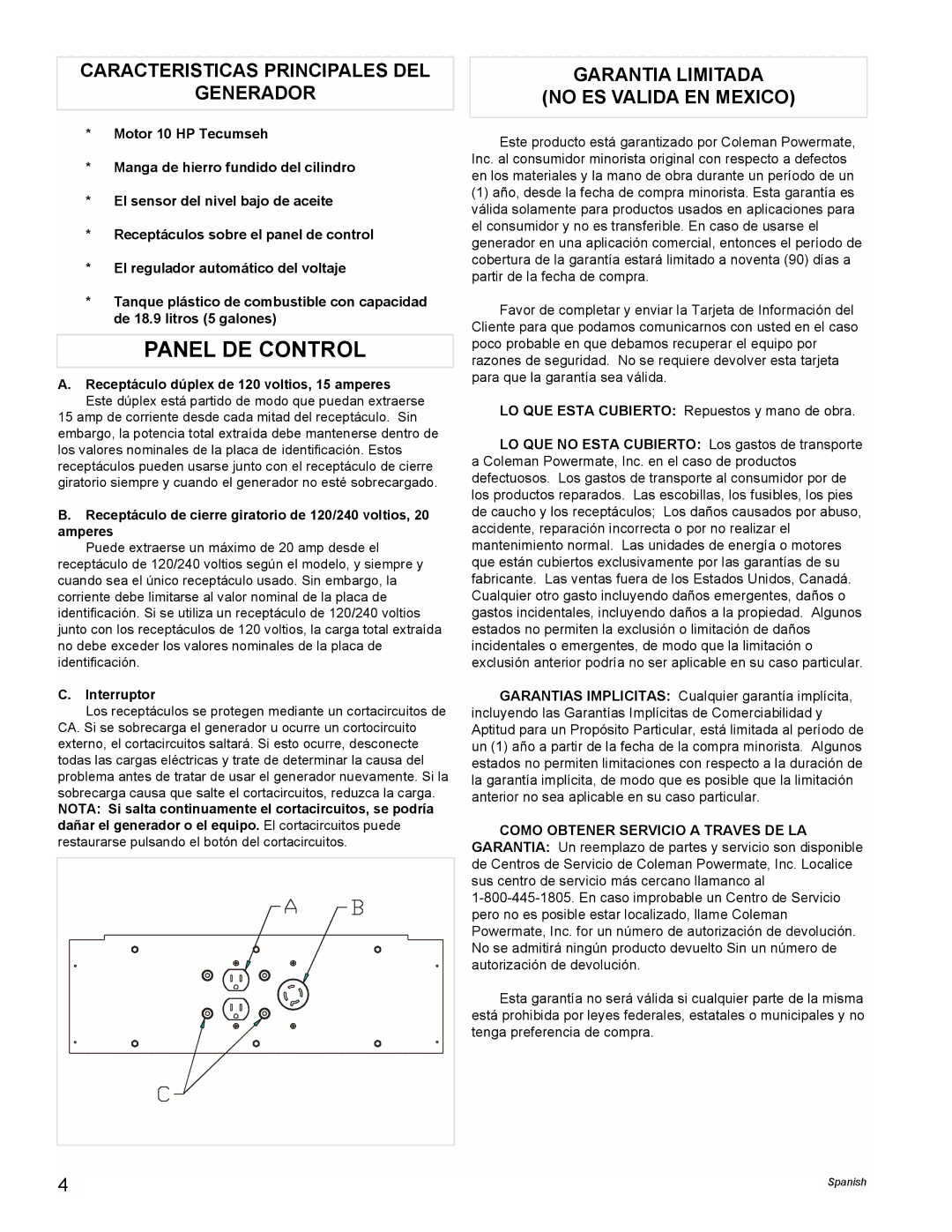 Powermate PC0525302.05 Caracteristicas Principales DEL Generador, Garantia Limitada No ES Valida EN Mexico, Interruptor 