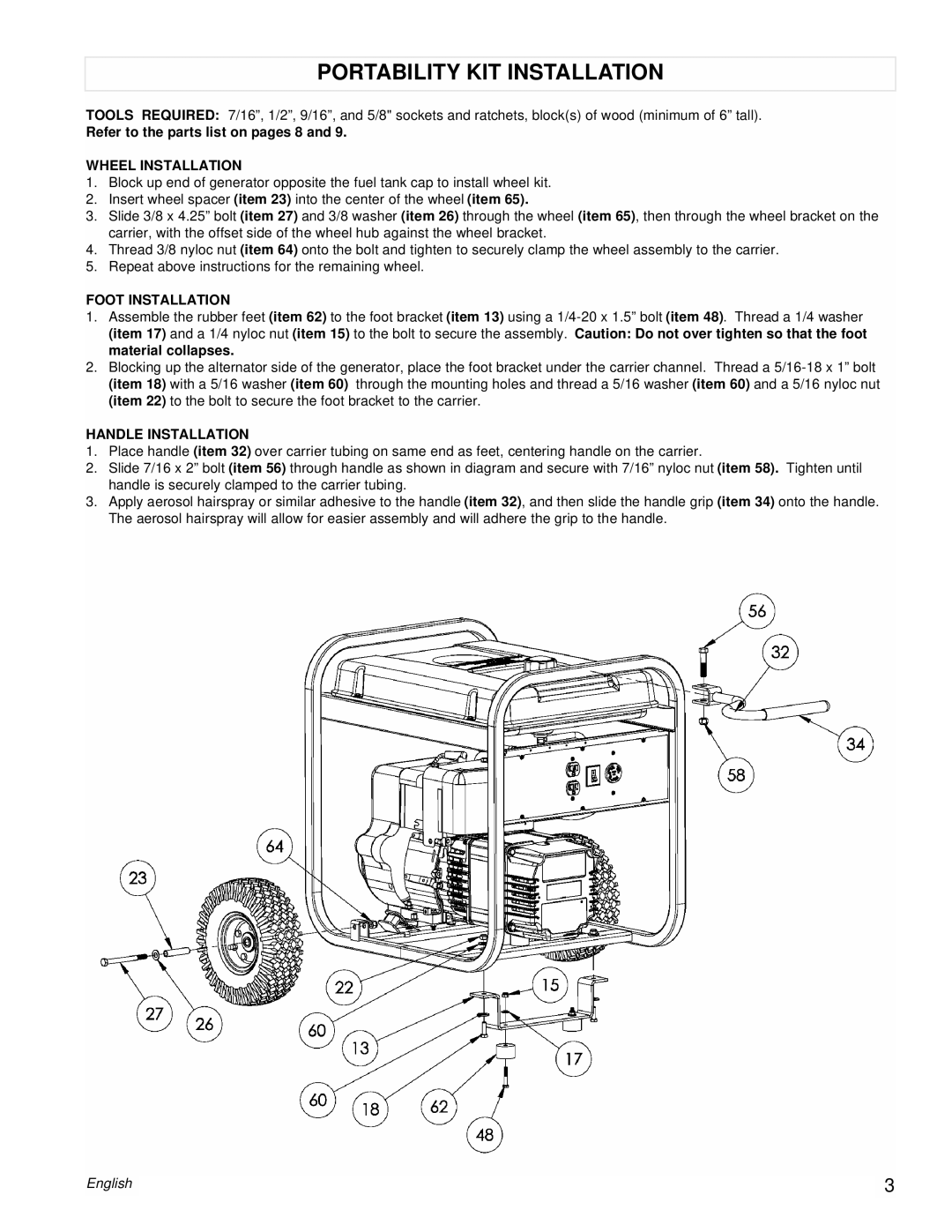 Powermate PC0525304 Portability Kit Installation, Refer to the parts list on pages 8 and, Wheel Installation, English 