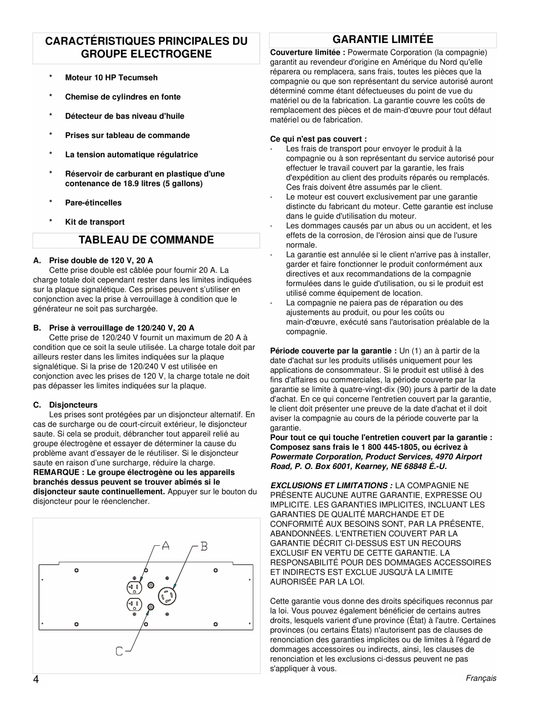 Powermate PC0525304 Caractéristiques Principales Du, Groupe Electrogene, Tableau De Commande, Garantie Limitée, Français 