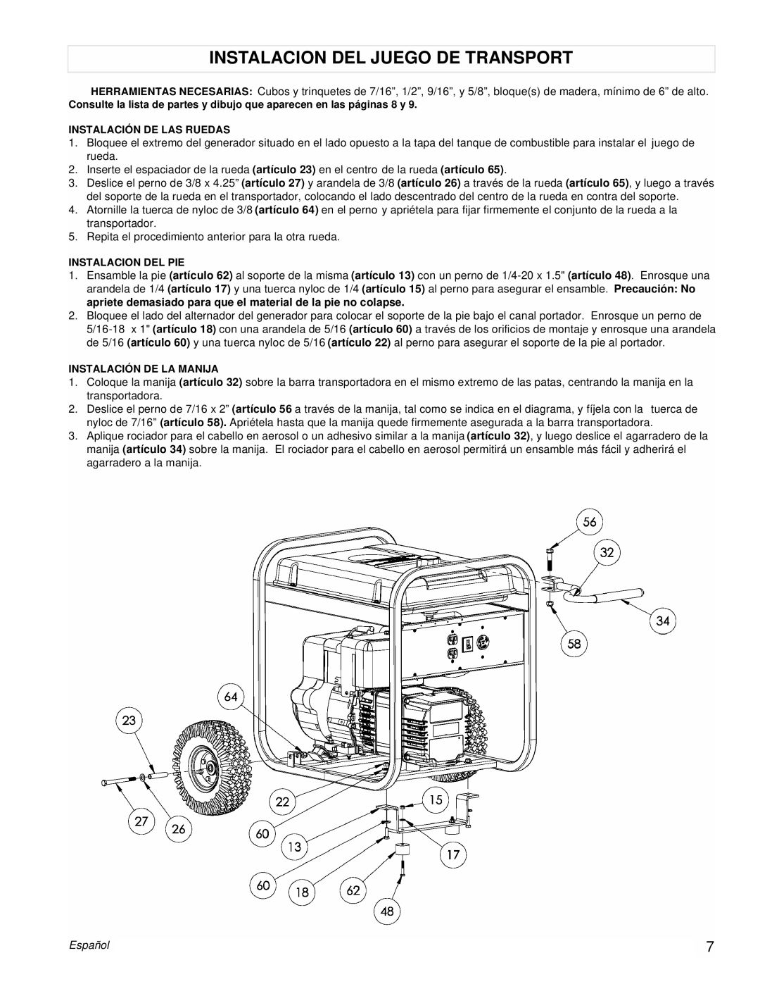 Powermate PC0525304 manual Instalacion Del Juego De Transport, Español 
