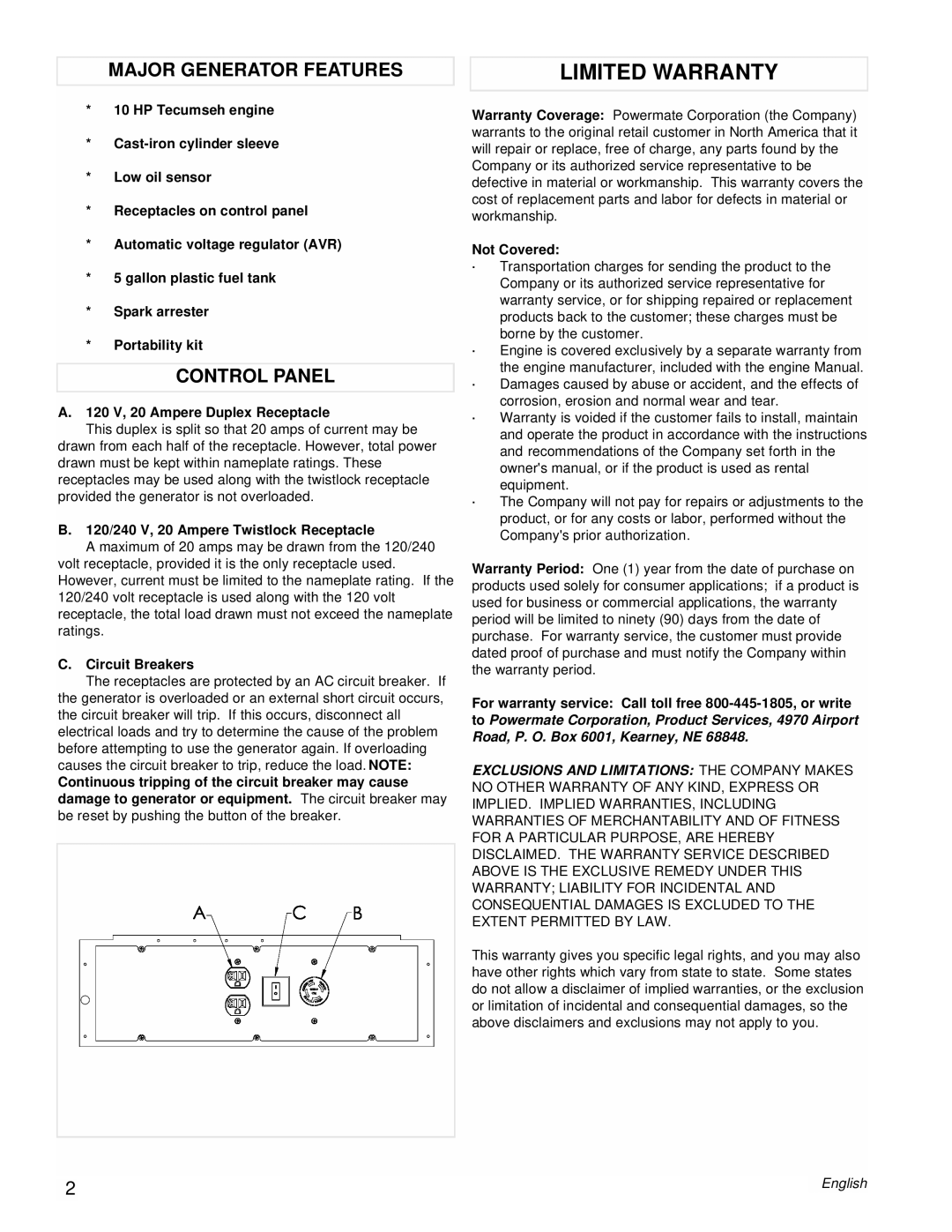 Powermate PC0525304 manual Limited Warranty, Major Generator Features, Control Panel 