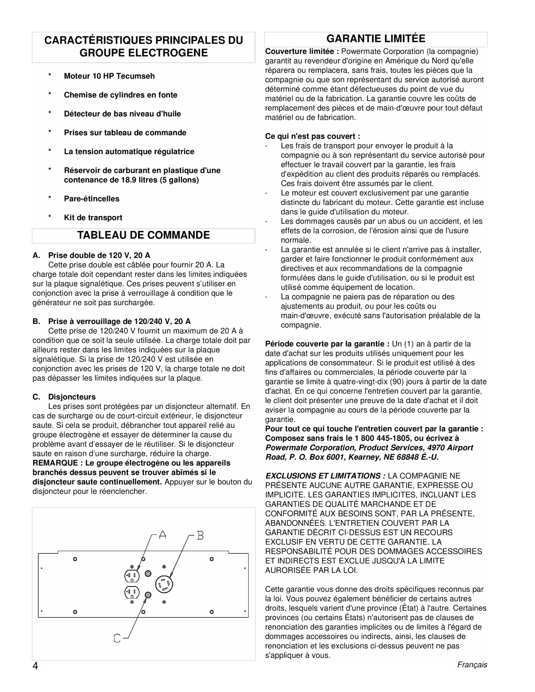 Powermate PC0525304 manual Caractéristiques Principales DU Groupe Electrogene, Tableau DE Commande, Garantie Limitée 