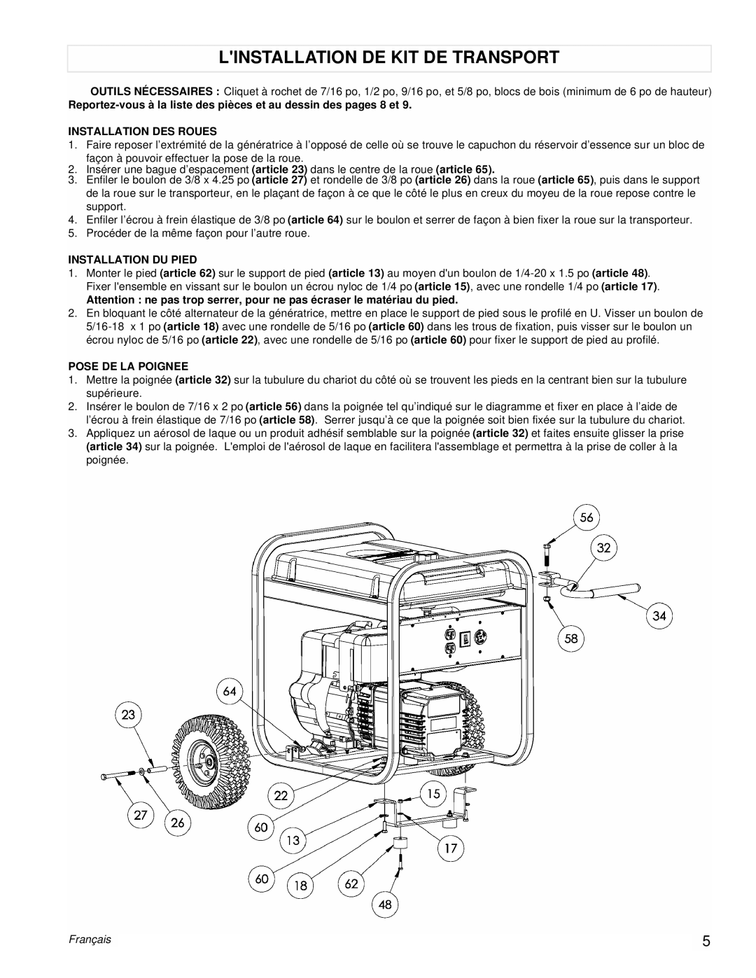 Powermate PC0525304 manual Linstallation DE KIT DE Transport, Installation DES Roues 