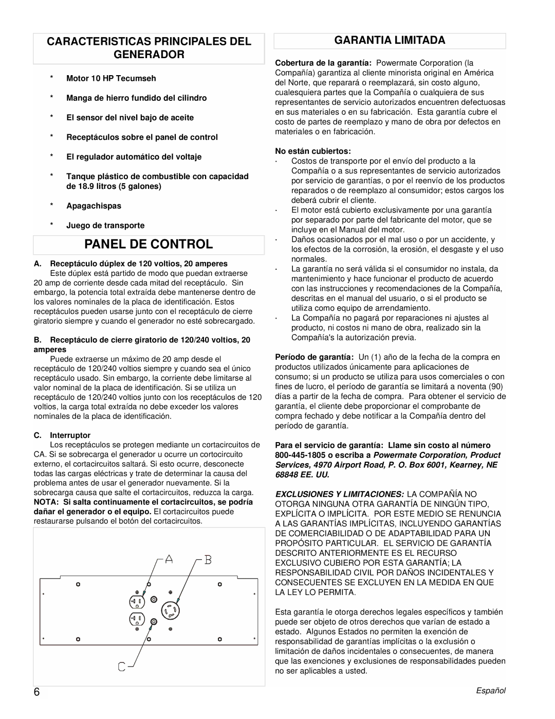 Powermate PC0525304 manual Panel DE Control, Caracteristicas Principales DEL Generador, Garantia Limitada, Interruptor 