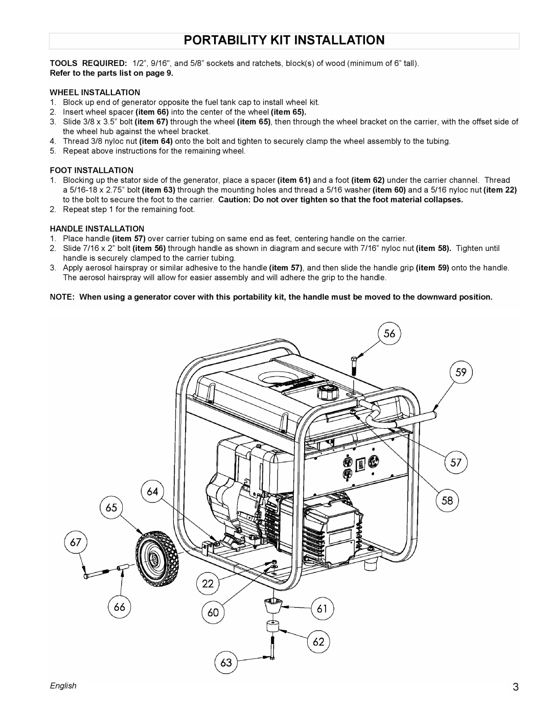 Powermate PC0525305 Portability Kit Installation, Refer to the parts list on page, Wheel Installation, Foot Installation 