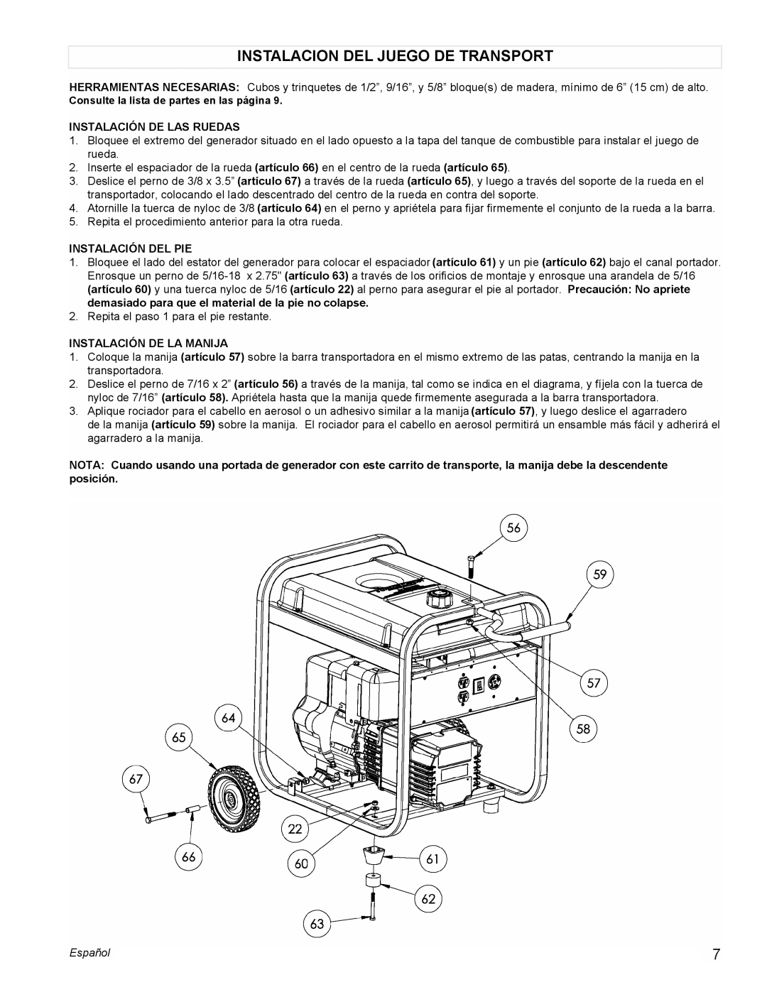 Powermate PC0525305 manual Instalacion Del Juego De Transport, Instalación De Las Ruedas, Instalación Del Pie, Español 