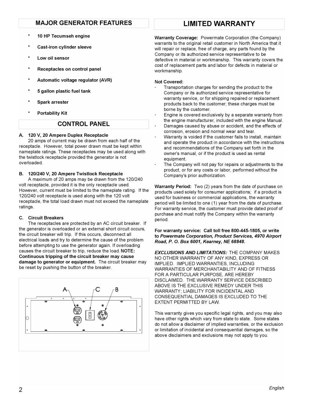 Powermate PC0525305 manual Limited Warranty, Major Generator Features, Control Panel 