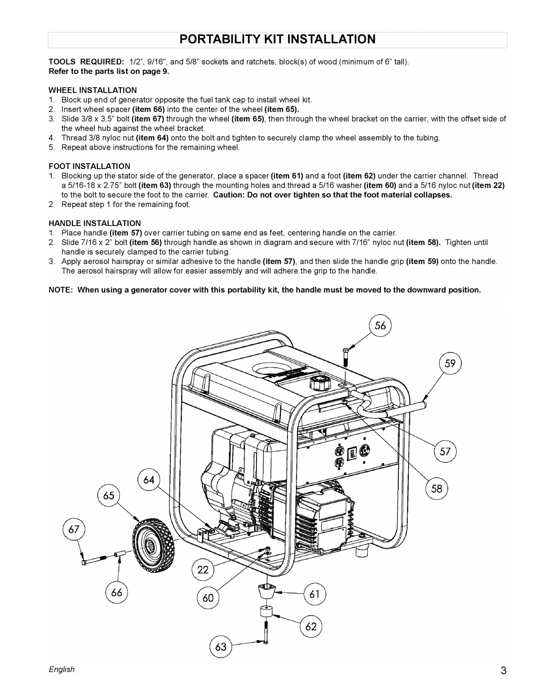 Powermate PC0525305 manual Portability KIT Installation, Refer to the parts list on, Wheel Installation, Foot Installation 