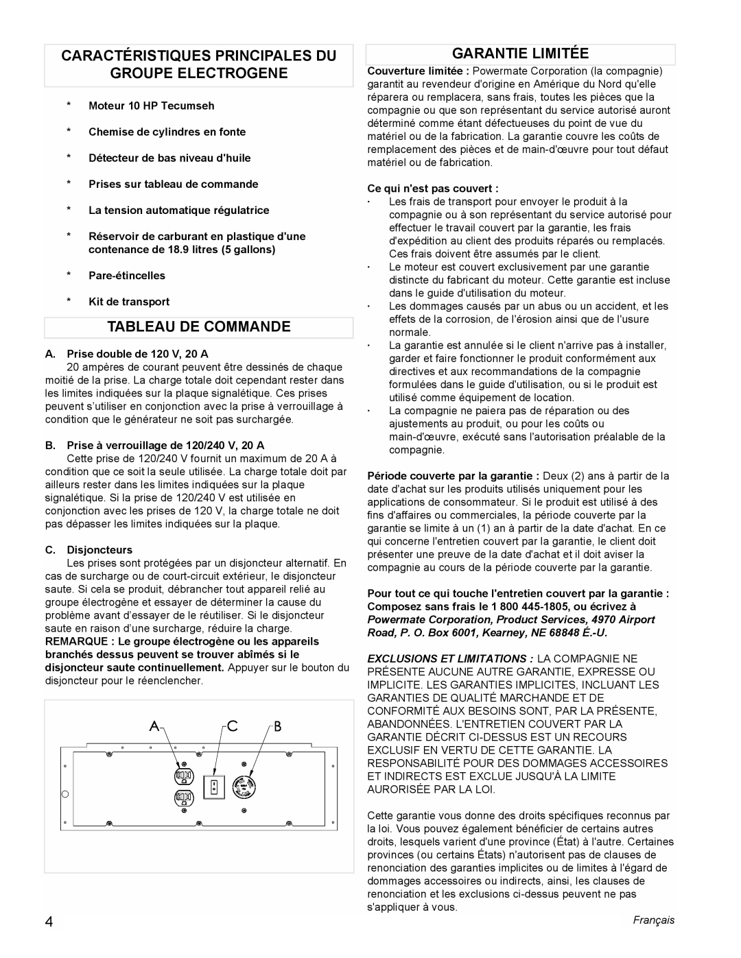 Powermate PC0525305 manual Caractéristiques Principales DU Groupe Electrogene, Tableau DE Commande, Garantie Limitée 