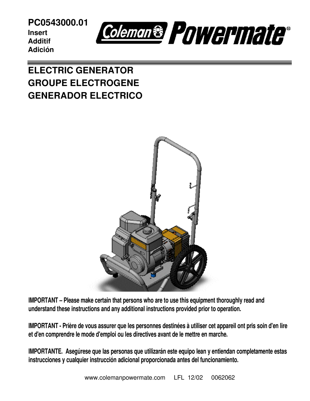 Powermate PC0543000.01 manual Electric Generator Groupe Electrogene, Generador Electrico, Insert Additif Adición 
