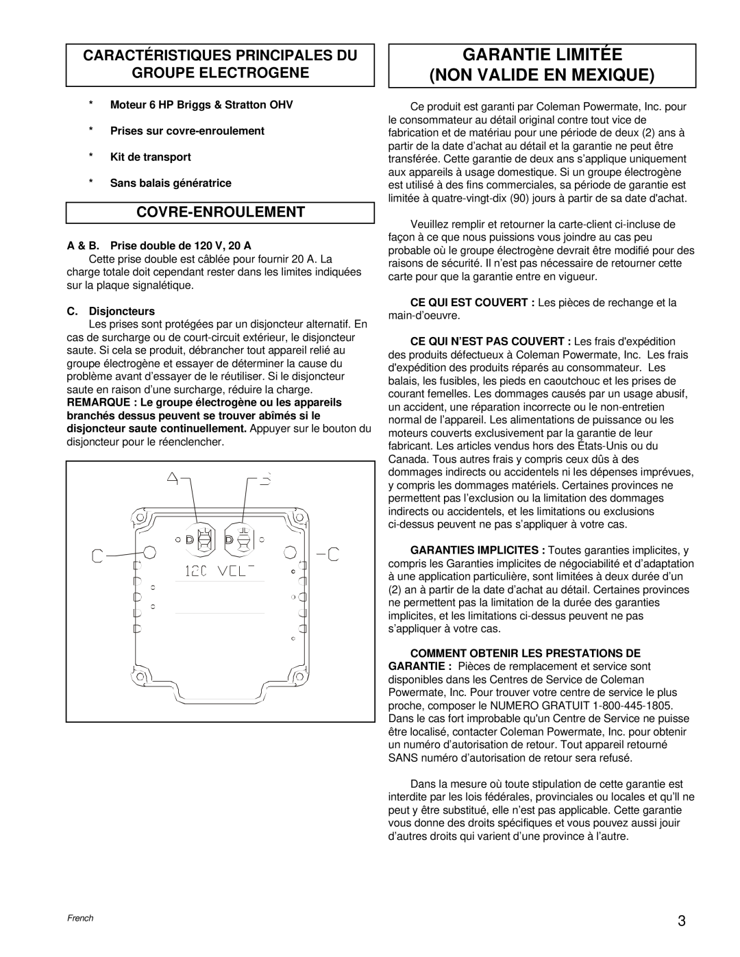 Powermate PC0543000.01 manual Garantie Limitée Non Valide En Mexique, Caractéristiques Principales Du, Groupe Electrogene 