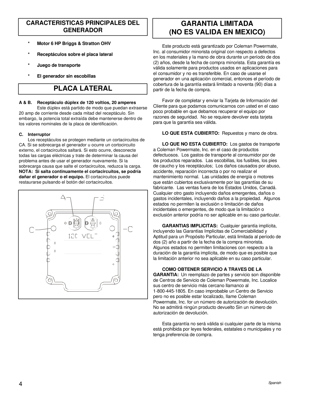 Powermate PC0543000.01 Placa Lateral, Garantia Limitada No Es Valida En Mexico, Caracteristicas Principales Del Generador 