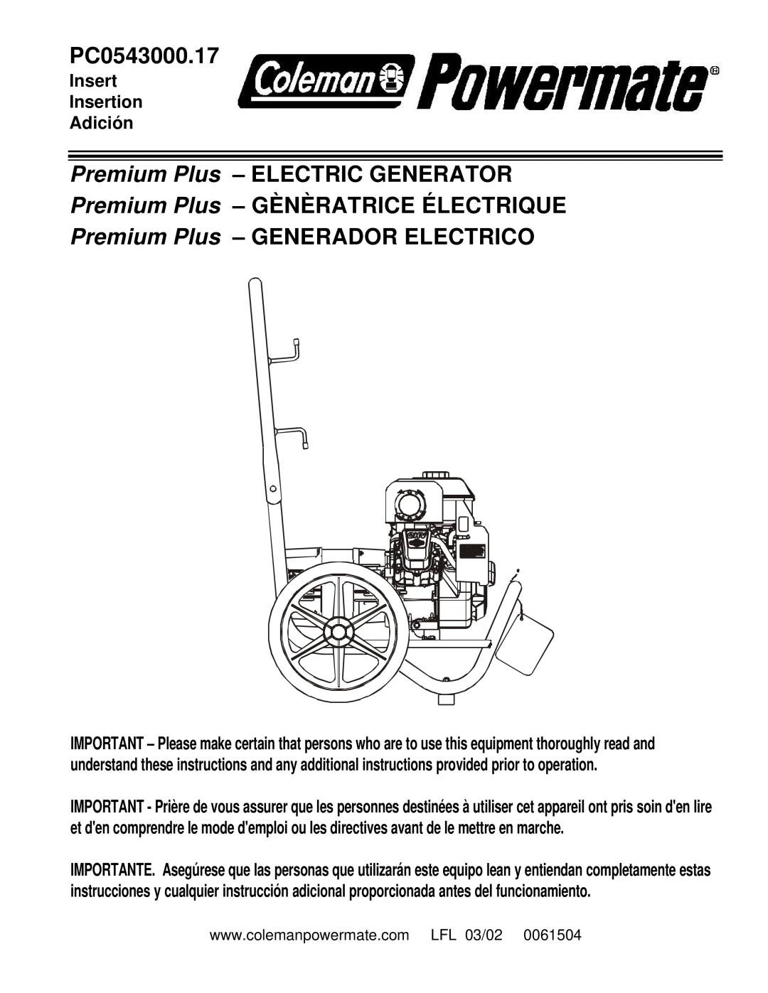 Powermate PC0543000.17 manual Premium Plus – ELECTRIC GENERATOR, Premium Plus – GÈNÈRATRICE ÉLECTRIQUE 