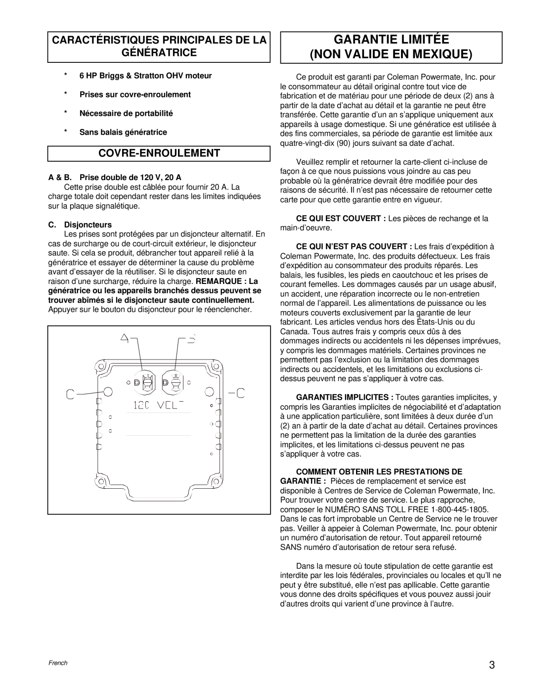 Powermate PC0543000.17 manual Garantie Limitée Non Valide En Mexique, Caractéristiques Principales De La Génératrice 