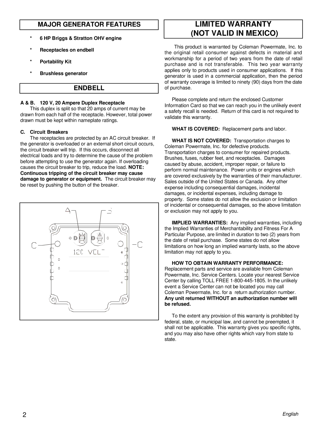 Powermate PC0543000.17 manual Limited Warranty not Valid in Mexico, Major Generator Features, Endbell, Circuit Breakers 