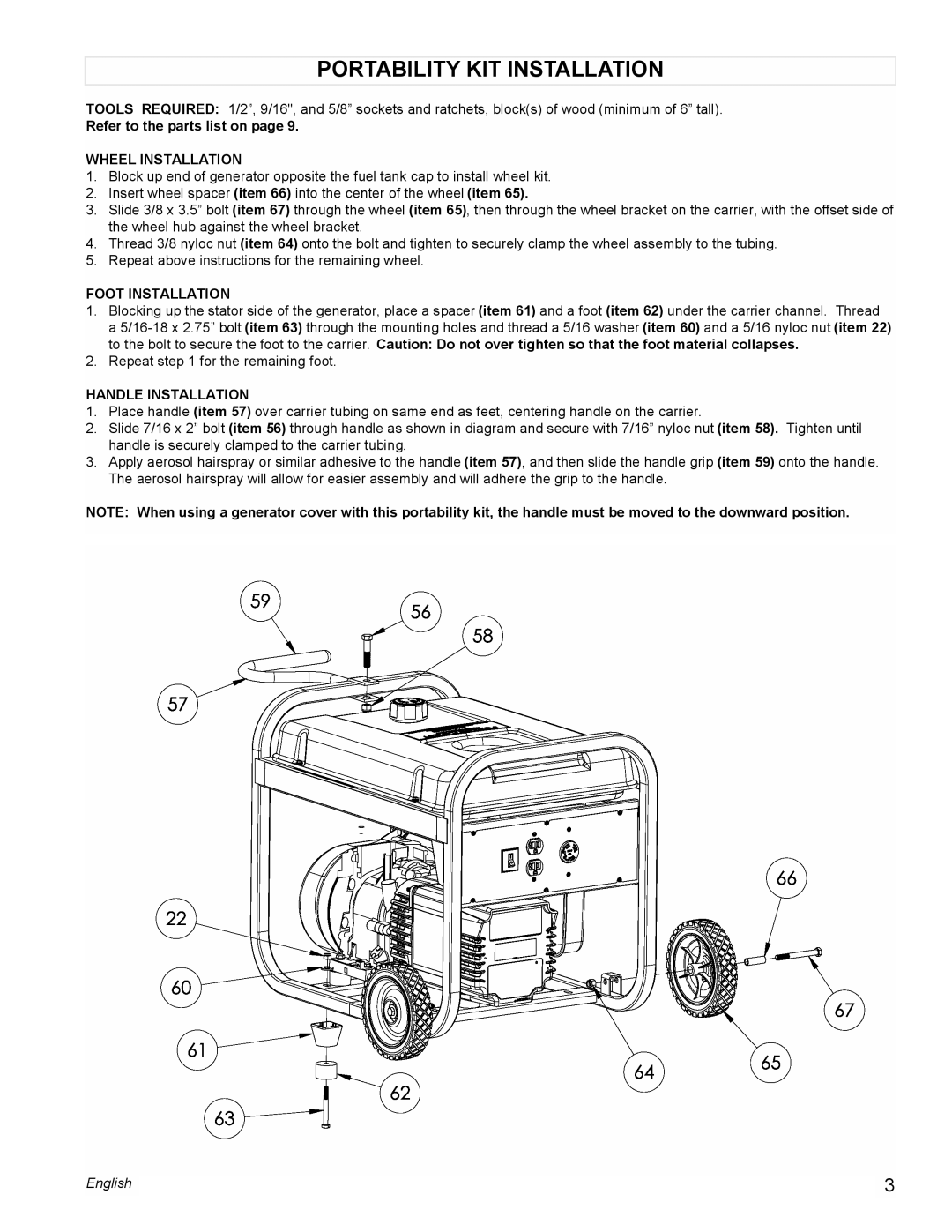 Powermate PC0545006 Portability Kit Installation, Refer to the parts list on page, Wheel Installation, Foot Installation 