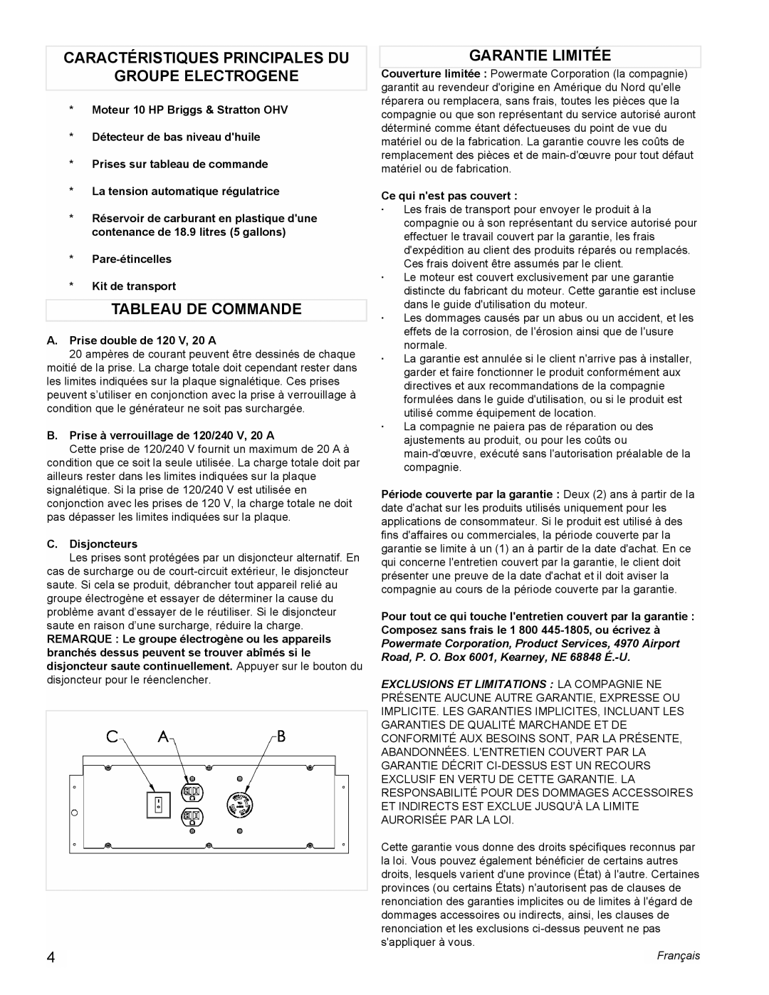 Powermate PC0545006 Caractéristiques Principales Du, Groupe Electrogene, Tableau De Commande, Garantie Limitée, Français 