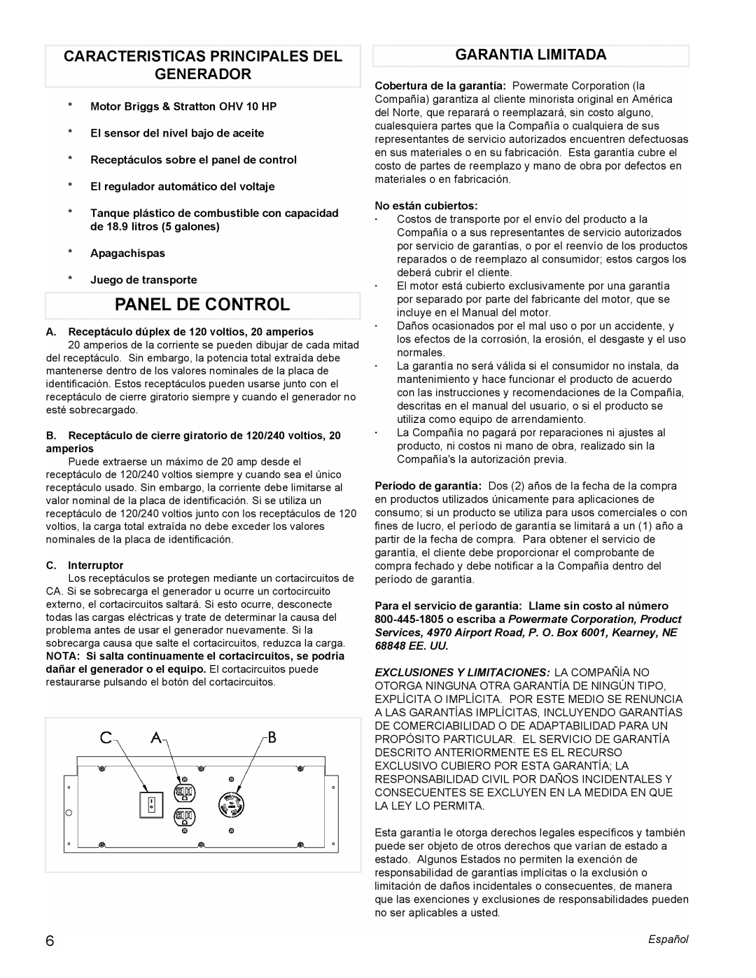 Powermate PC0545006 manual Panel De Control, Caracteristicas Principales Del Generador, Garantia Limitada 