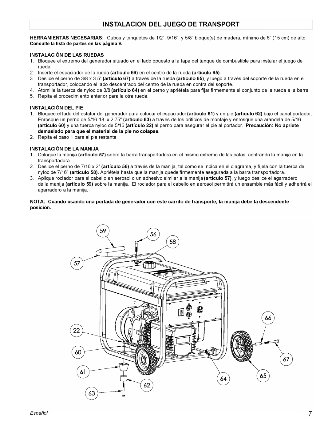 Powermate PC0545006 manual Instalacion Del Juego De Transport, Instalación De Las Ruedas, Instalación Del Pie, Español 